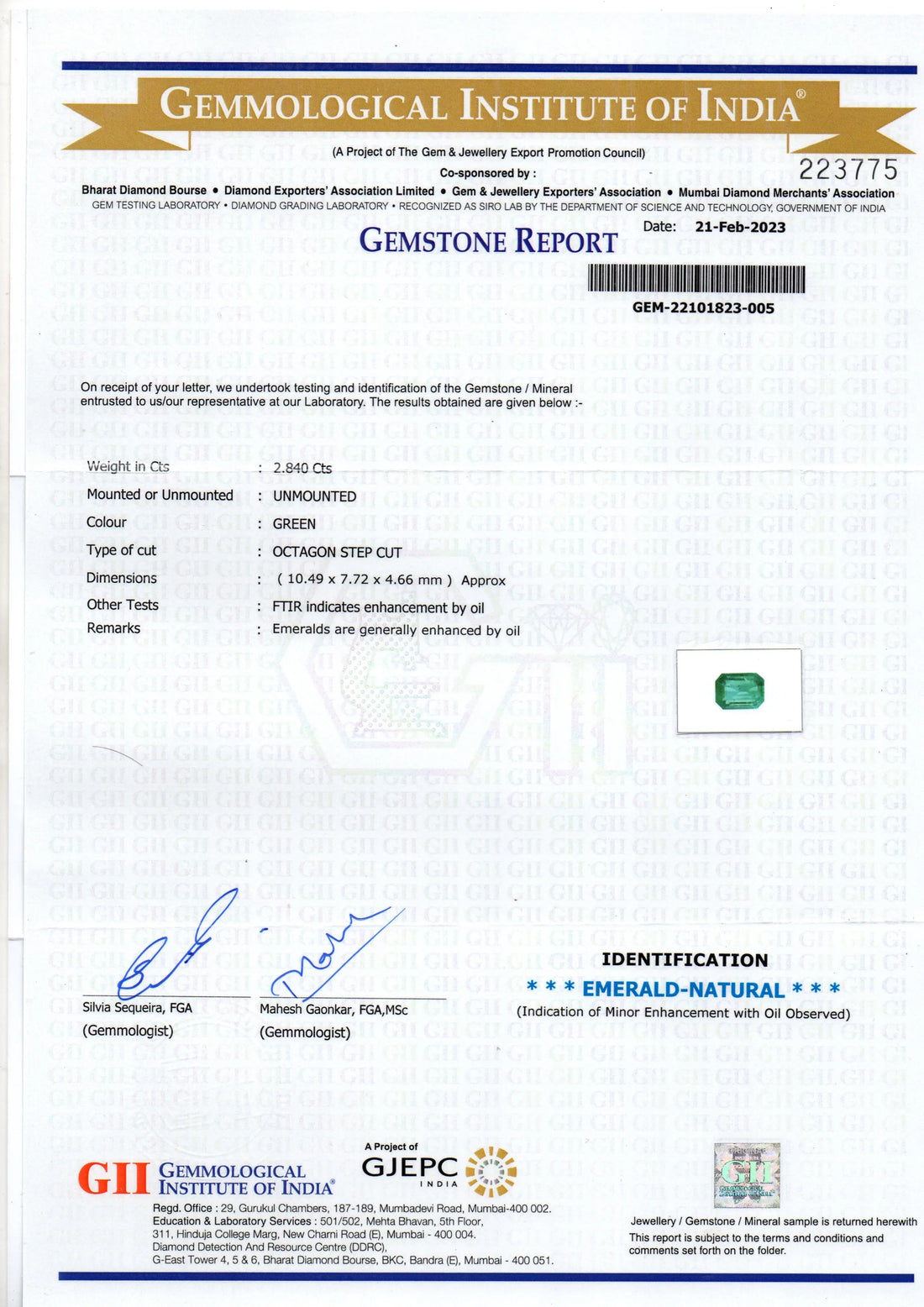 2.84 Ct GII Certified Untreated Natural Zambian Emerald Gemstone Panna AA