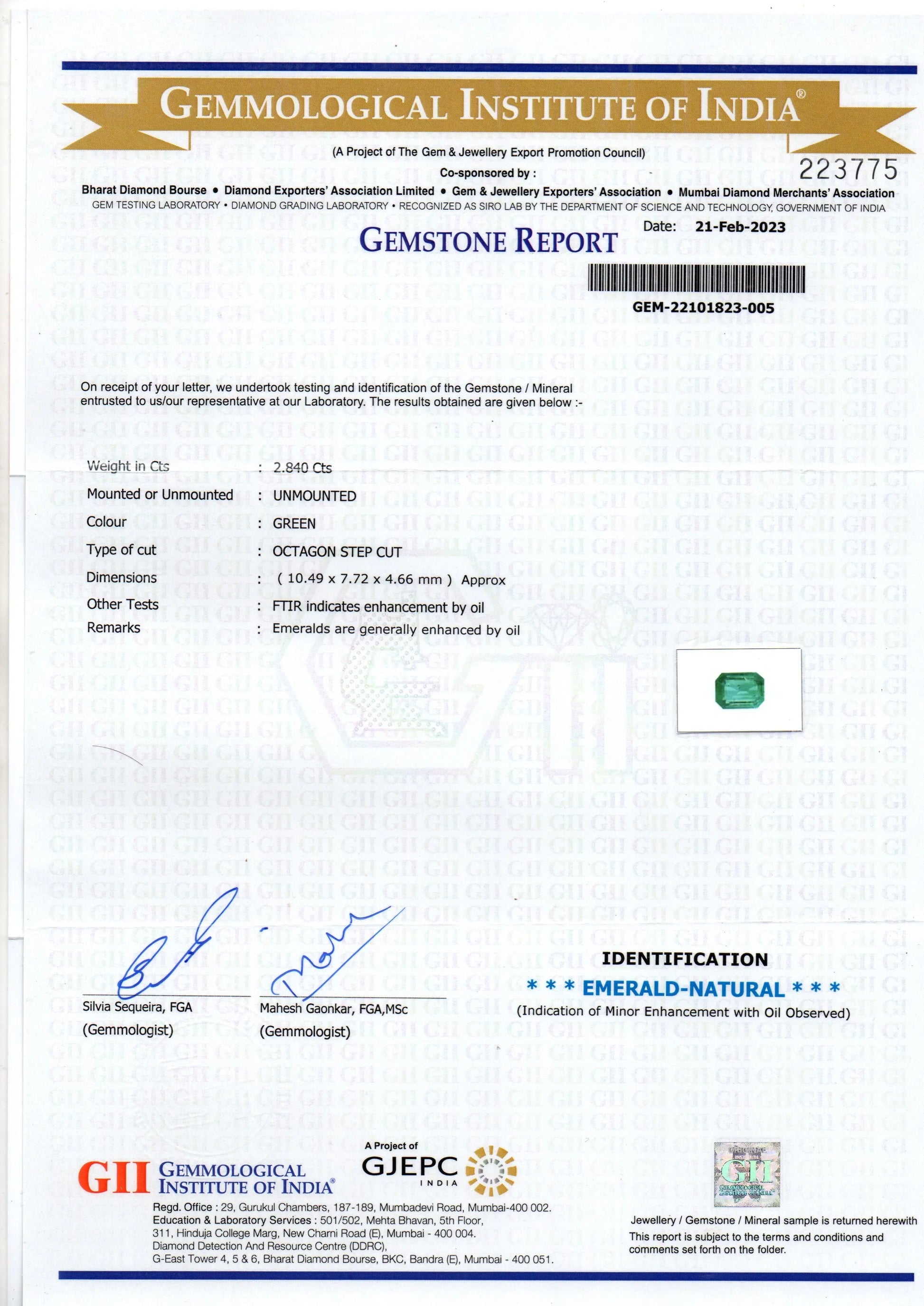 2.84 Ct GII Certified Untreated Natural Zambian Emerald Gemstone Panna AA