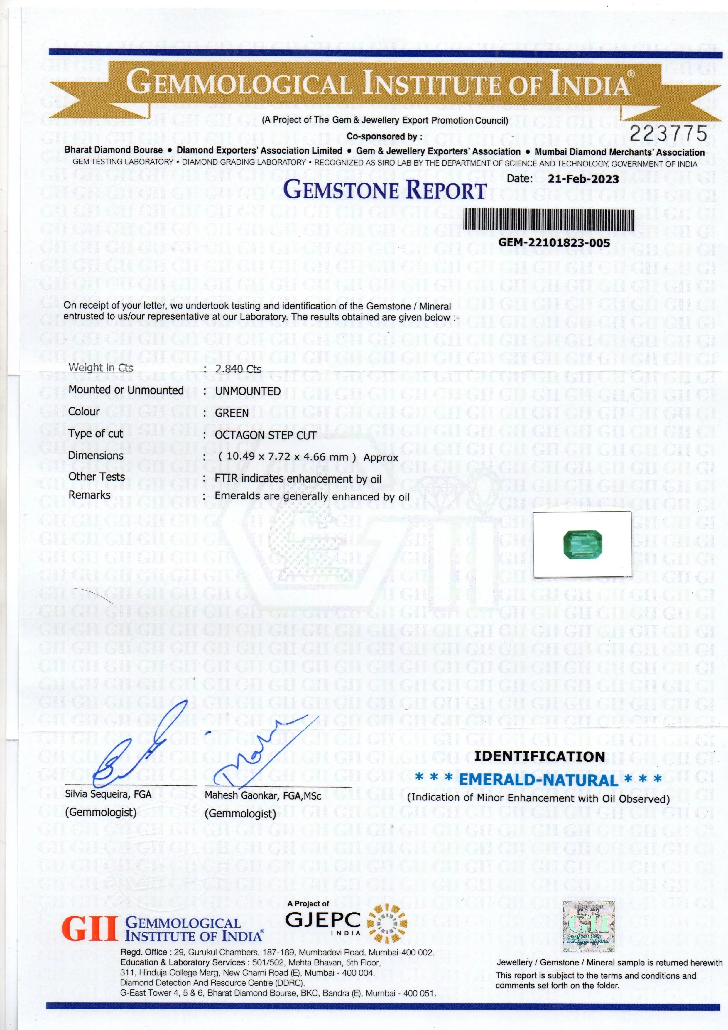 2.84 Ct GII Certified Untreated Natural Zambian Emerald Gemstone Panna AA