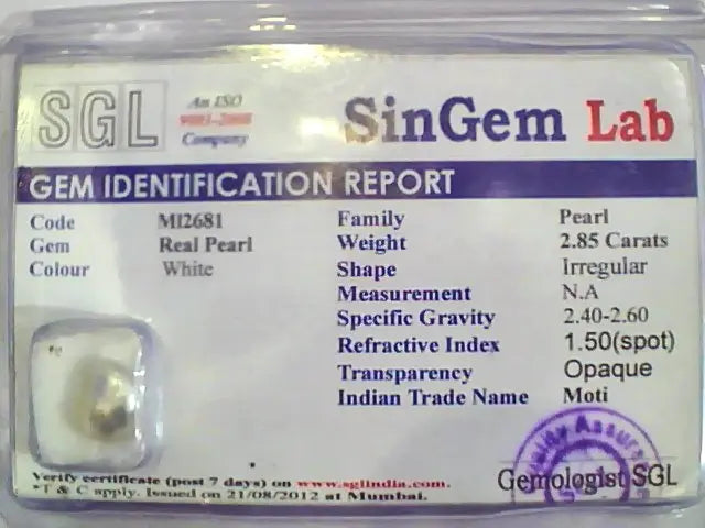 2.85 Ct 4.5 Ratti Certified Natural Venunjula Real Pearl/Real Moti