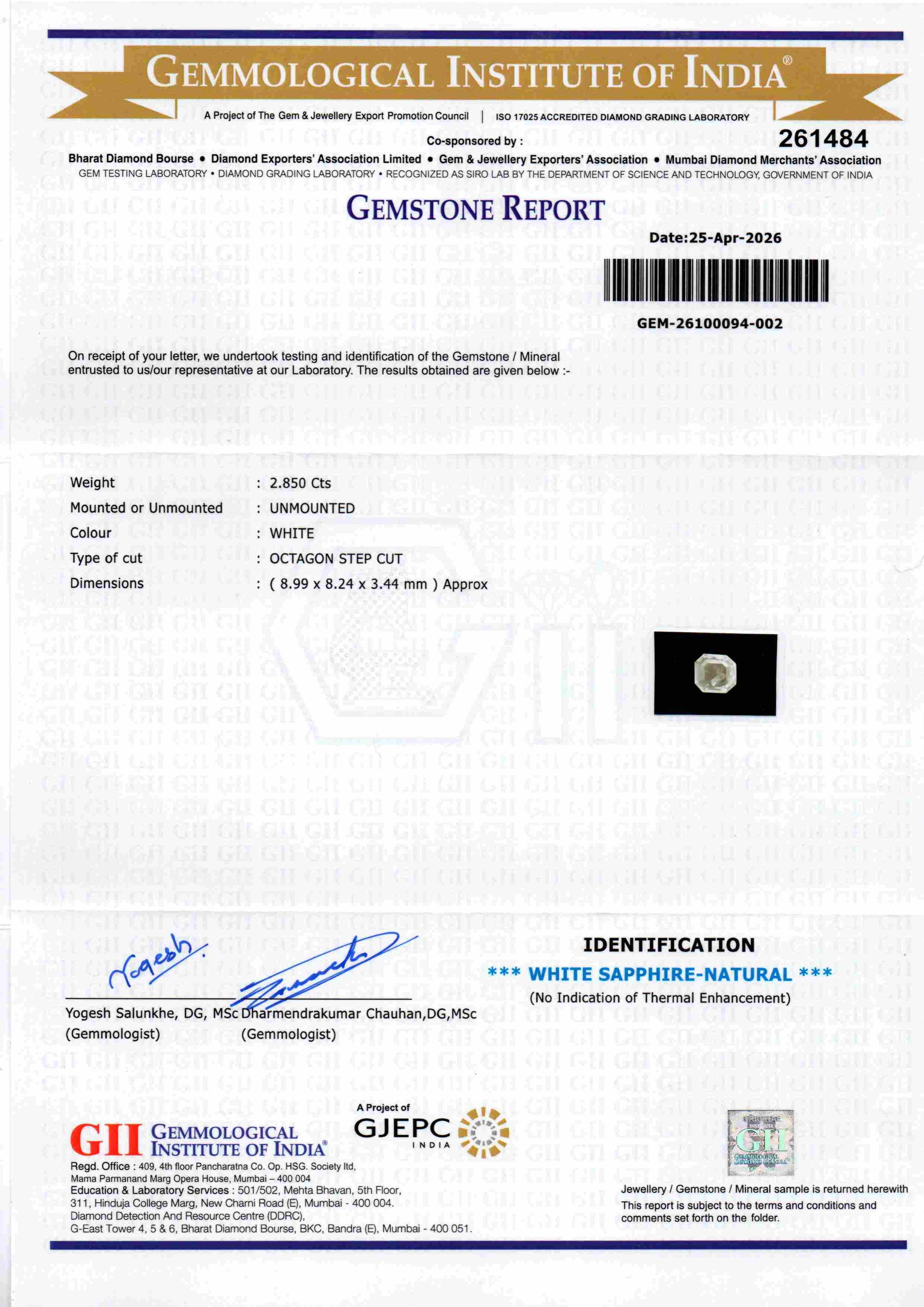 Gemstone report for 2.85 Ct GII Certified Unheated Untreated Natural Ceylon White Sapphire, detailing specifications and cert