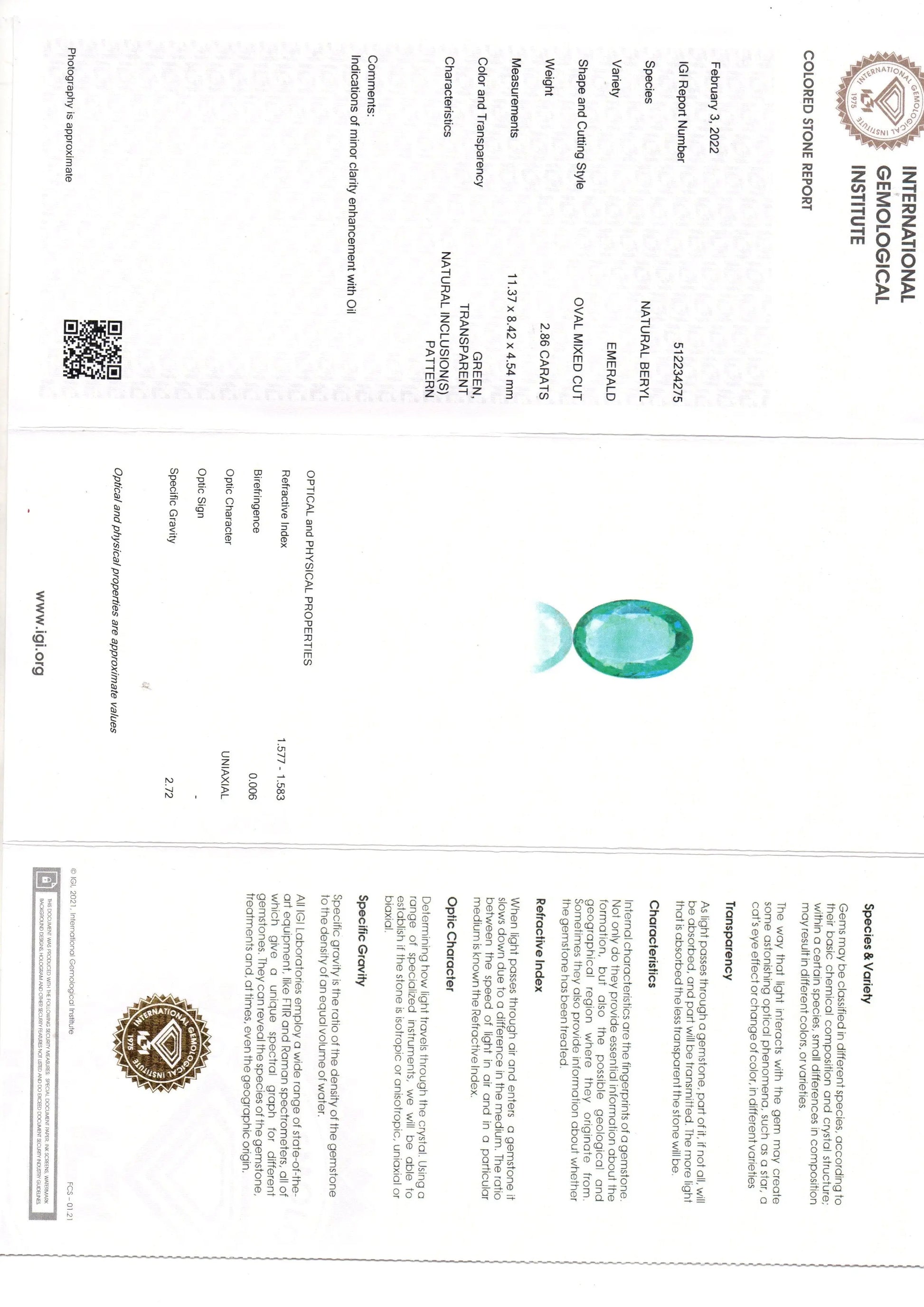 2.86 Ct IGI Certified Untreated Natural Zambian Emerald Gemstone AAA