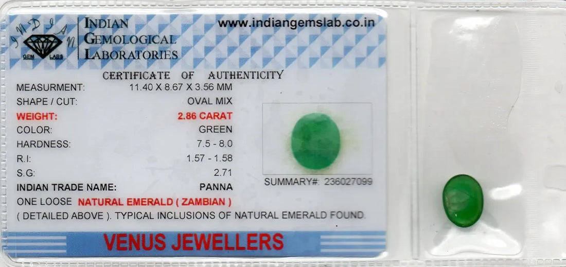 2.86 Ct Certified Untreated Natural Zambian Emerald Panna Gemstone - Venus Gems