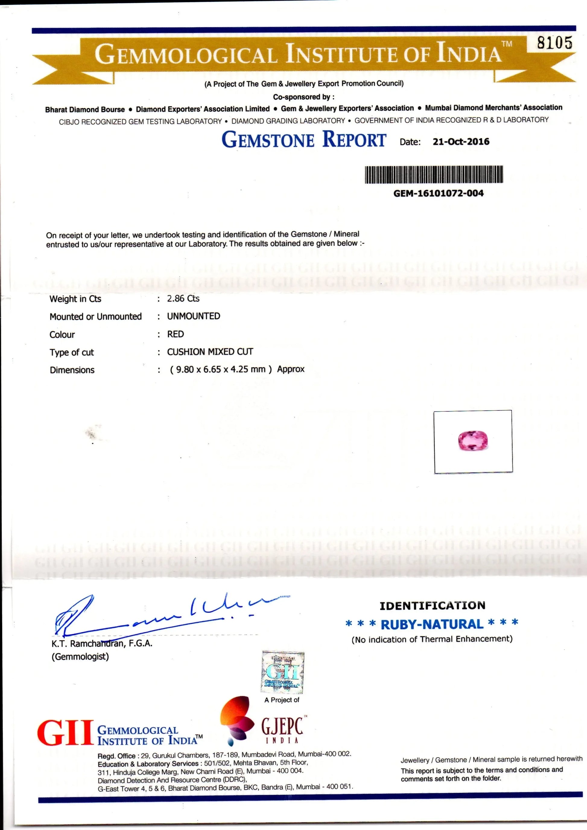 2.86 Ct GII Certified Unheated Untreated Natural Madagaskar Ruby AAAA - Venus Gems