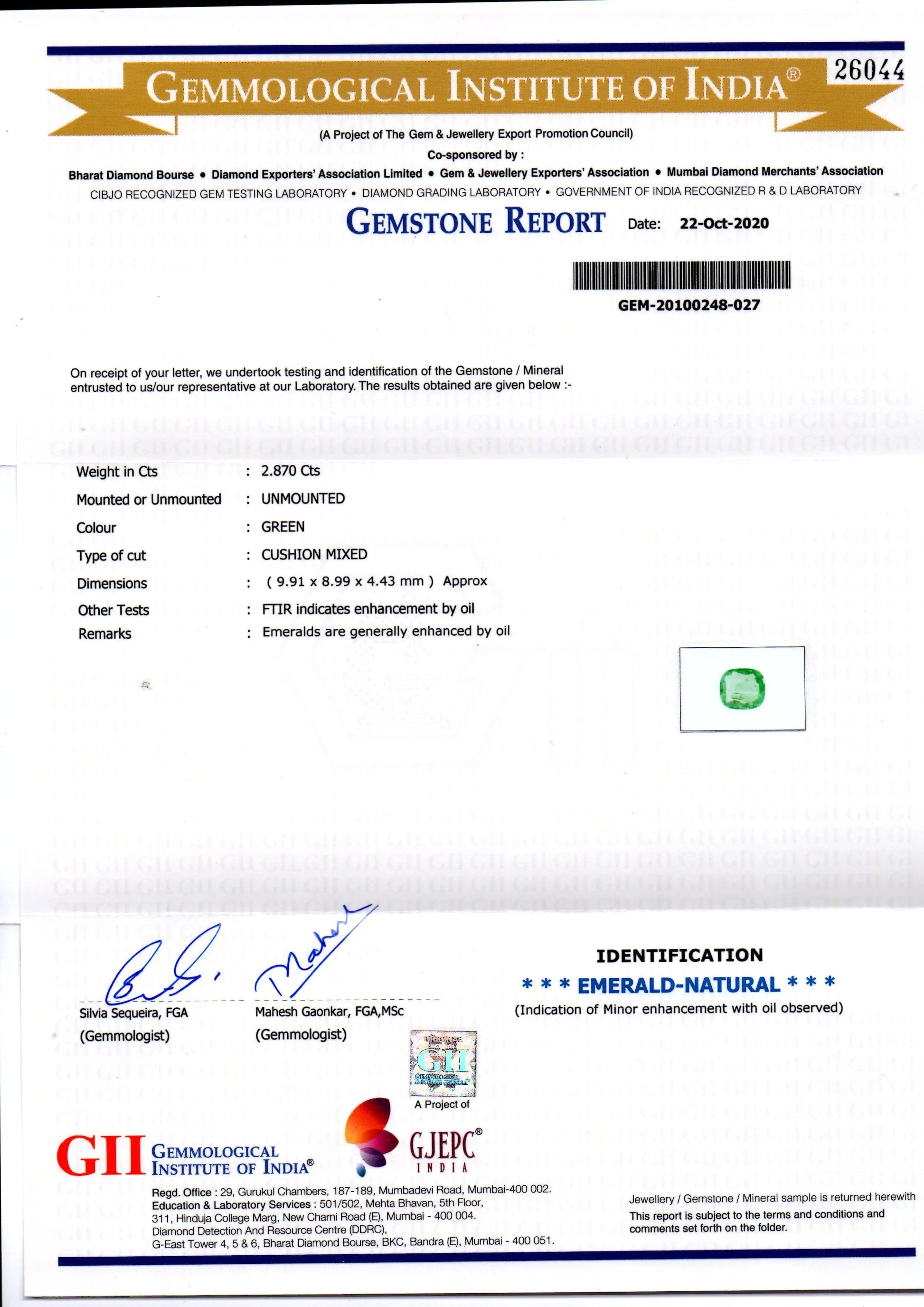 2.87 Ct GII Certified Untreated Natural Zambian Emerald Gems AAA