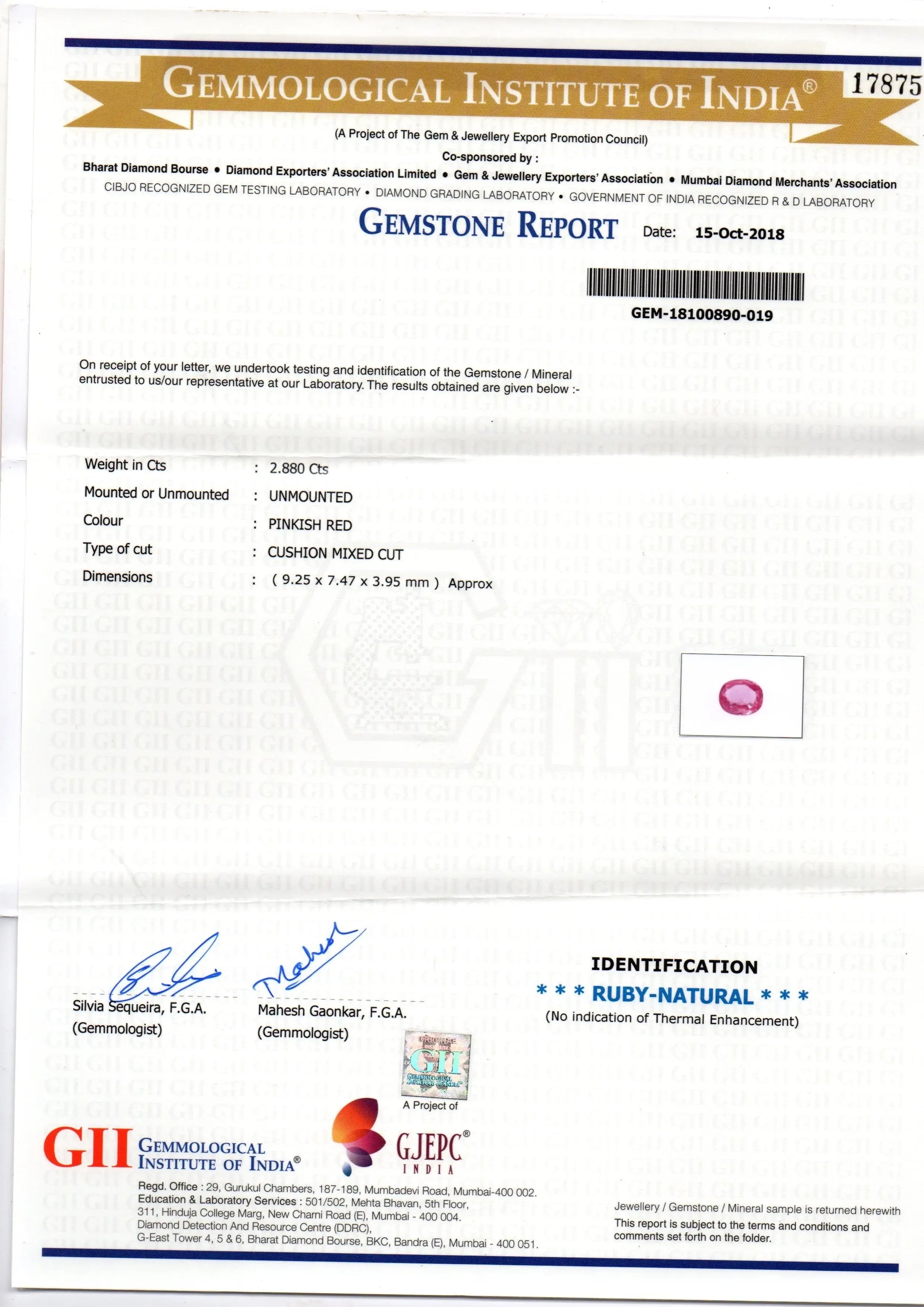 2.88 Ct GII Certified Unheated Untreated Natural Madagaskar Ruby AA - Venus Gems