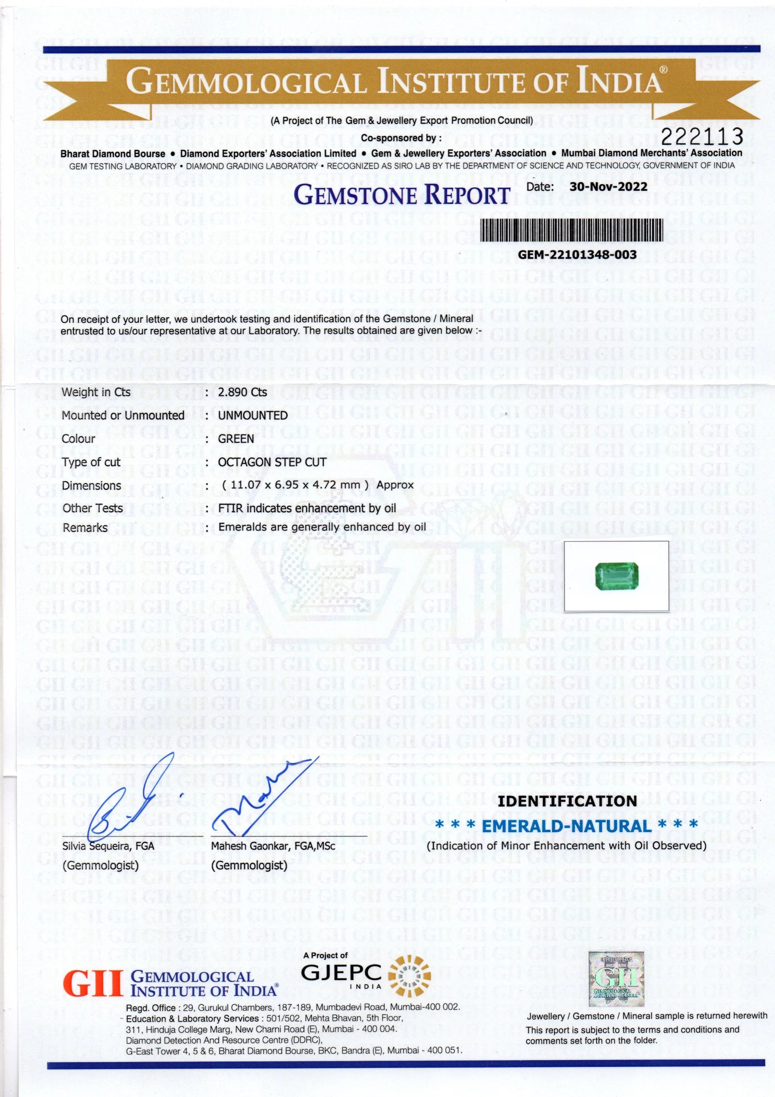 2.89 Ct GII Certified Untreated Natural Zambian Emerald Gemstone AAA