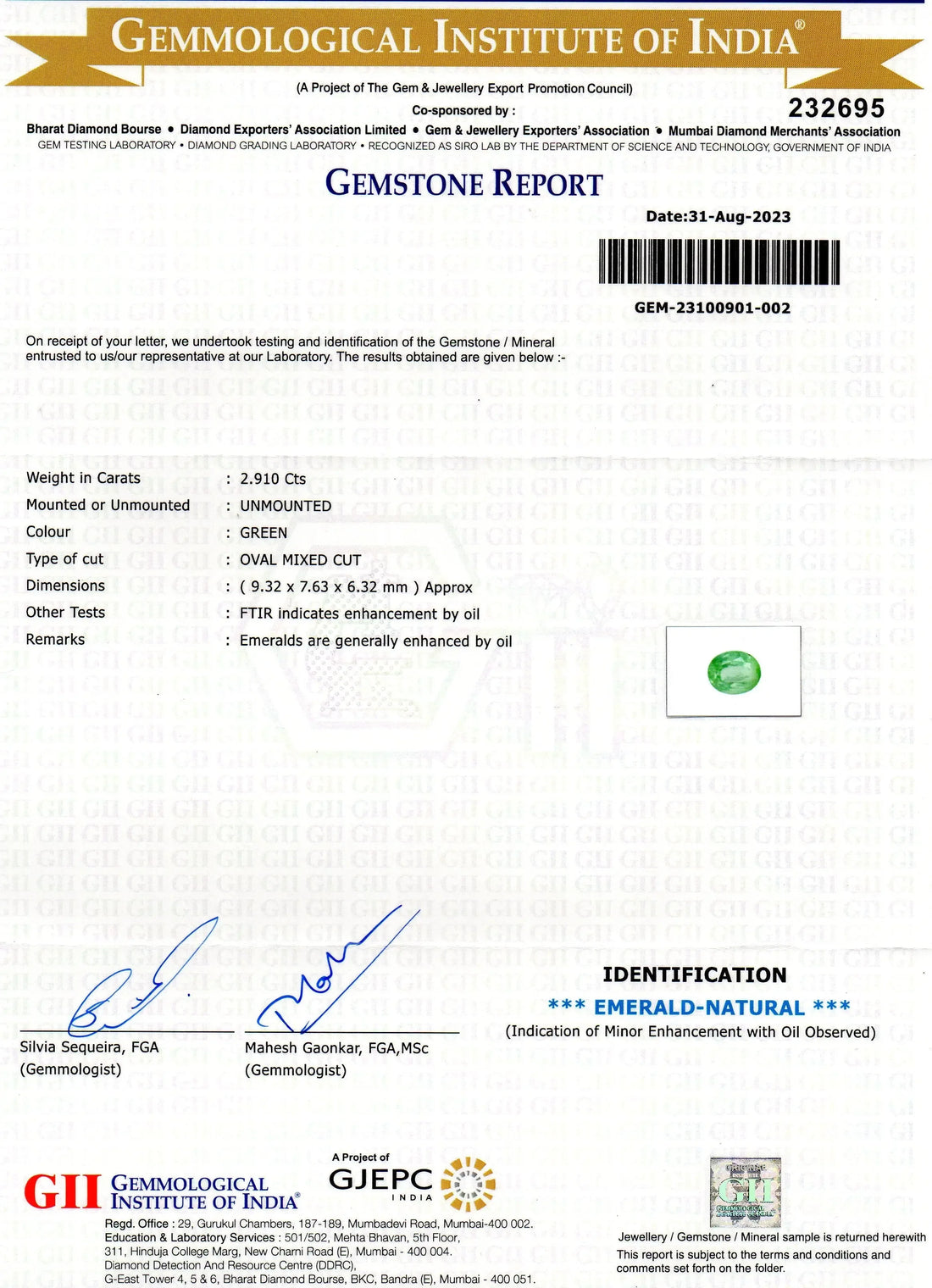 2.91 Ct GII Certified Untreated Natural Colombian Emerald Panna Gems - Venus Gems