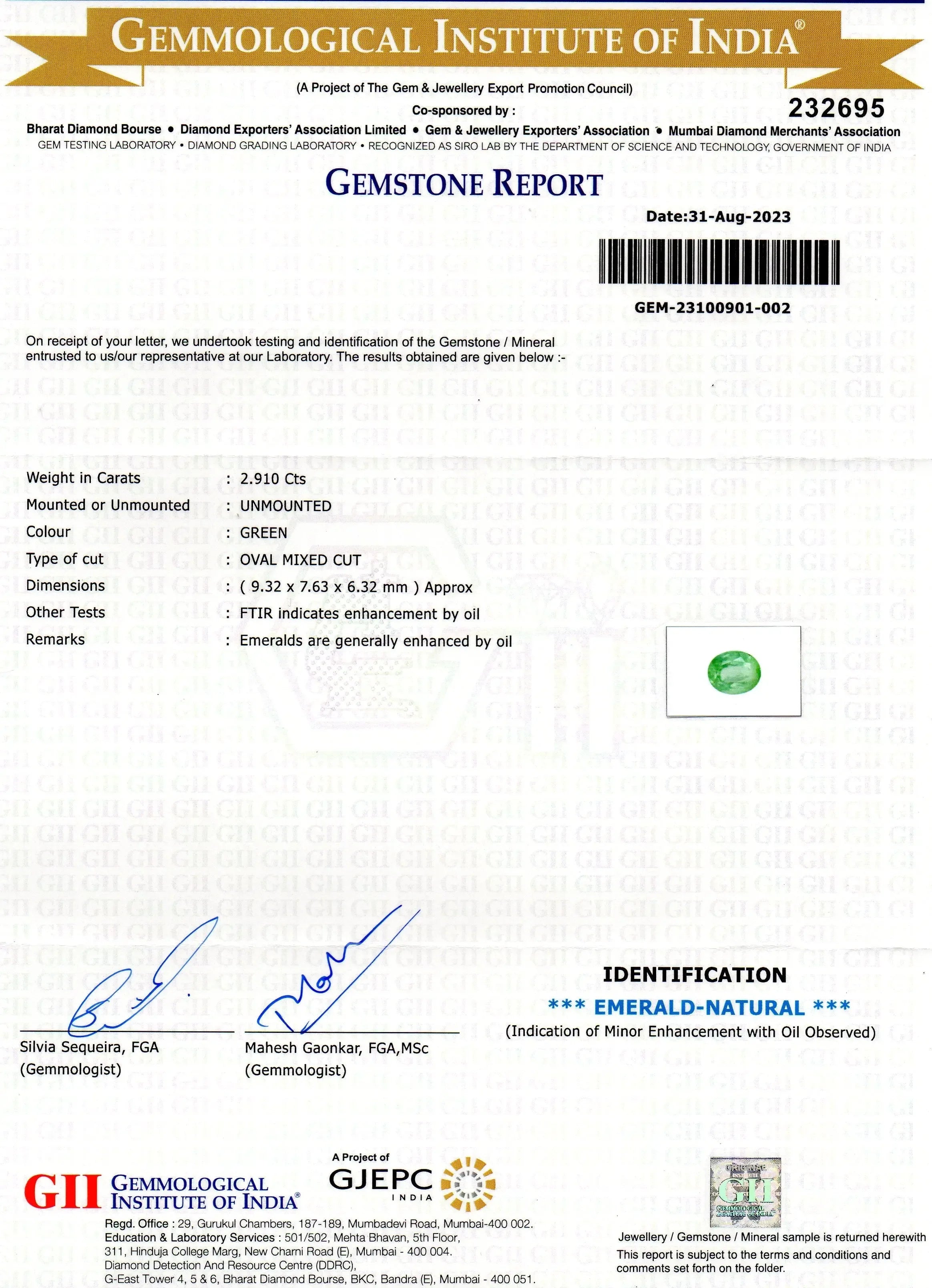 2.91 Ct GII Certified Untreated Natural Colombian Emerald Panna Gems - Venus Gems