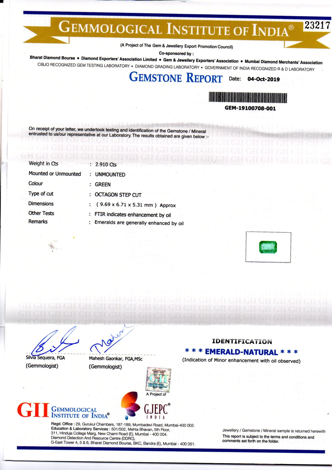 2.91 Ct GII Certified Untreated Natural Zambian Emerald Gemstone