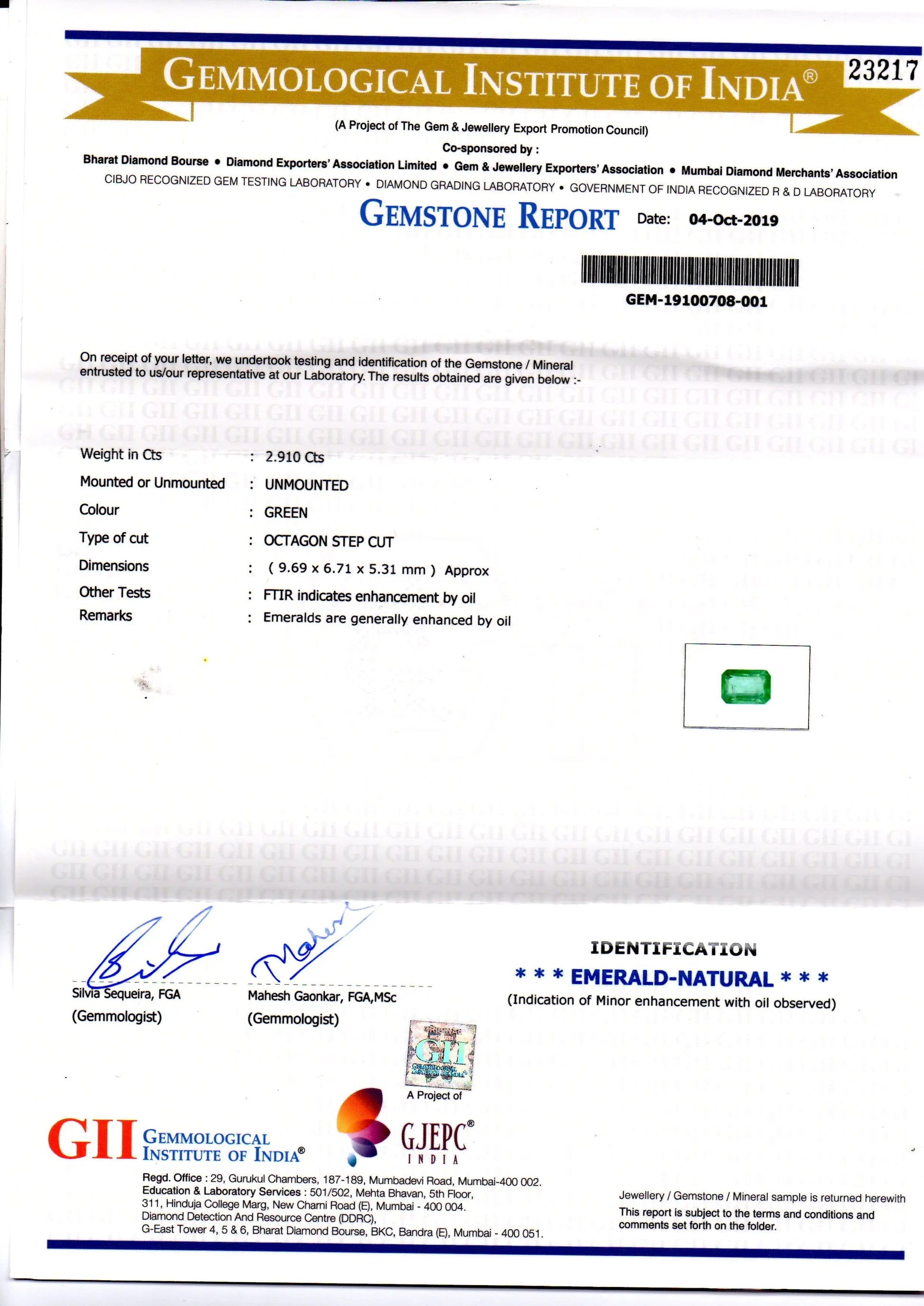 2.91 Ct GII Certified Untreated Natural Zambian Emerald Gemstone
