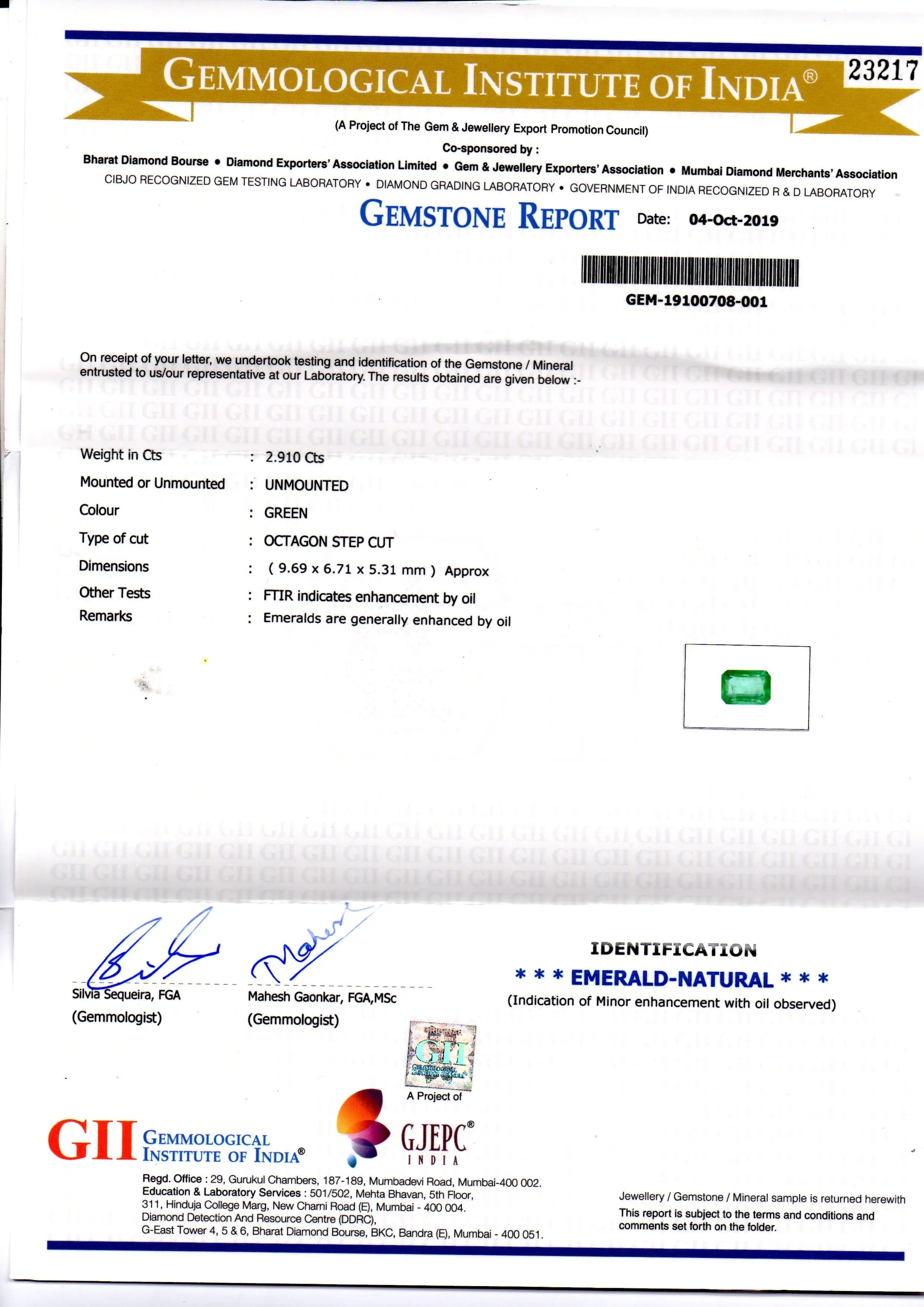 2.91 Ct GII Certified Untreated Natural Zambian Emerald Gemstone