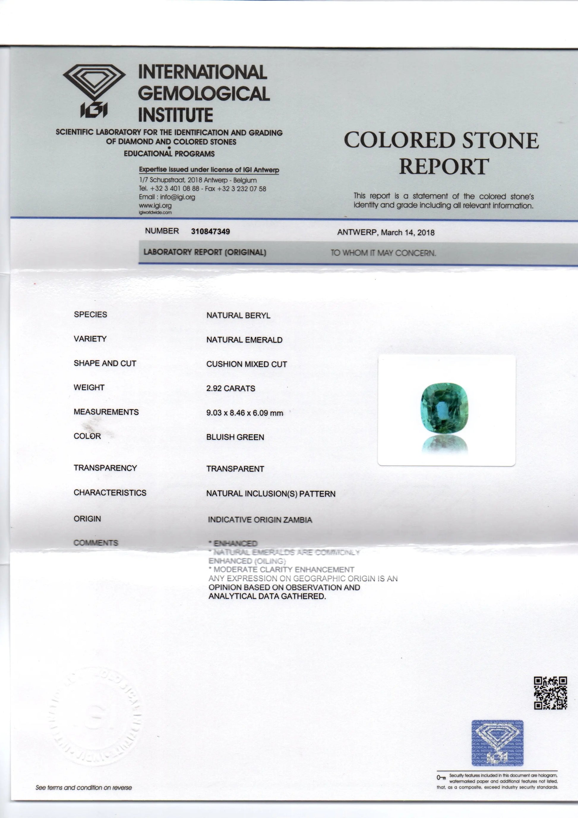 2.92 Ct Untreated Natural IGI Certified Zambian Emerald Gemstone AA