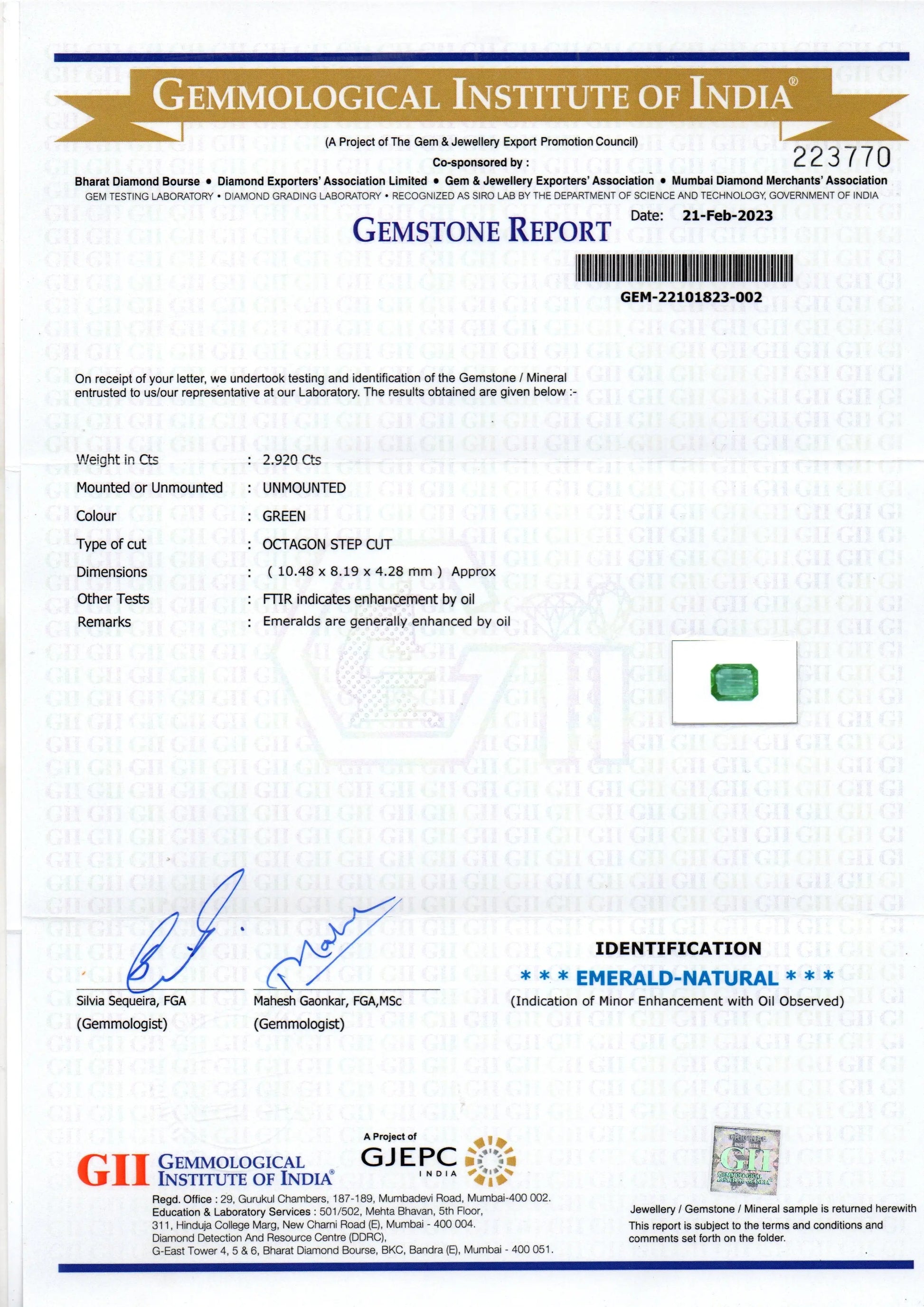 2.92 Ct GII Certified Untreated Natural Zambian Emerald Gemstone Panna AA