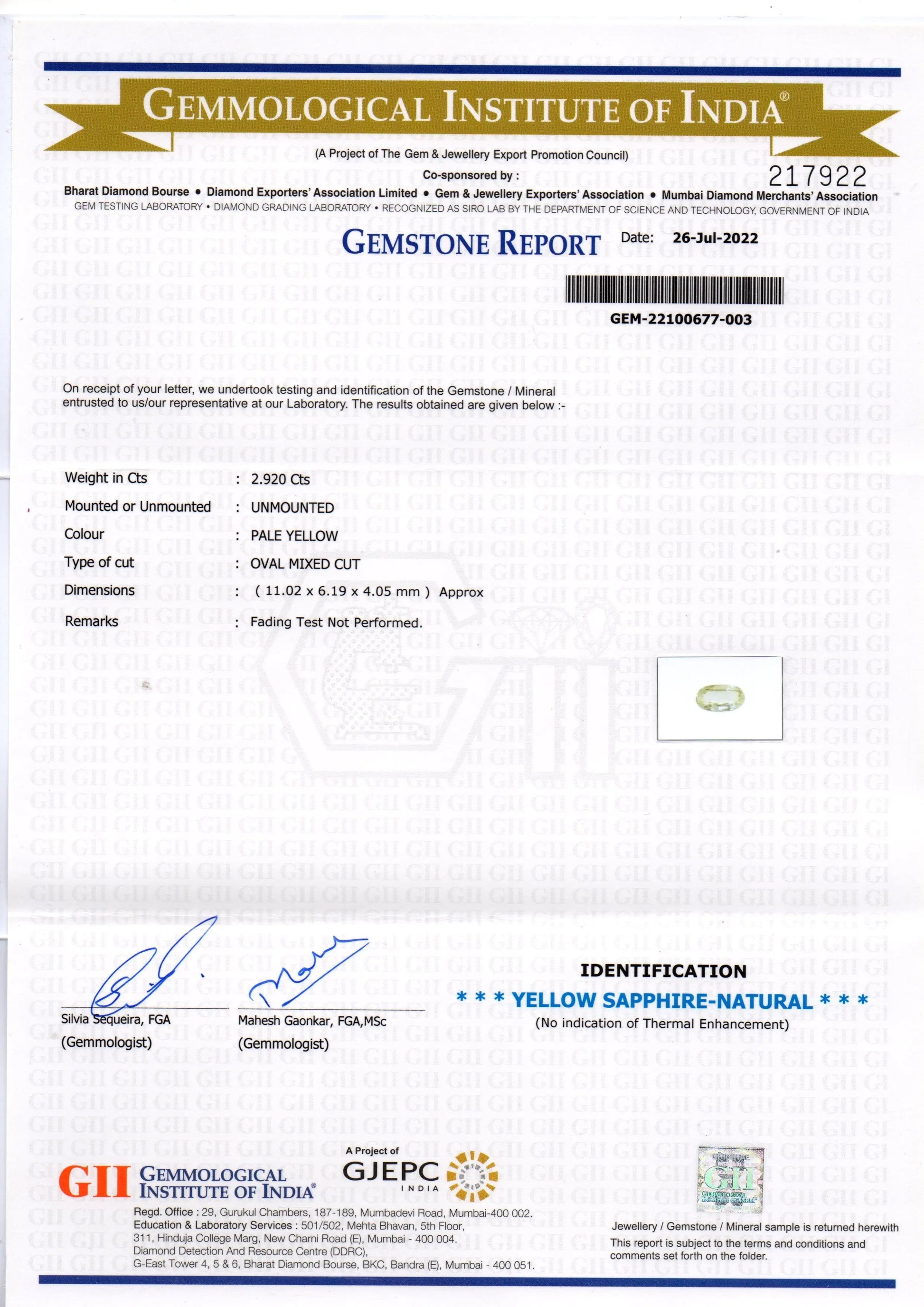 2.92 Ct GII Certified Unheated Untreated Natural Ceylon Yellow Sapphire