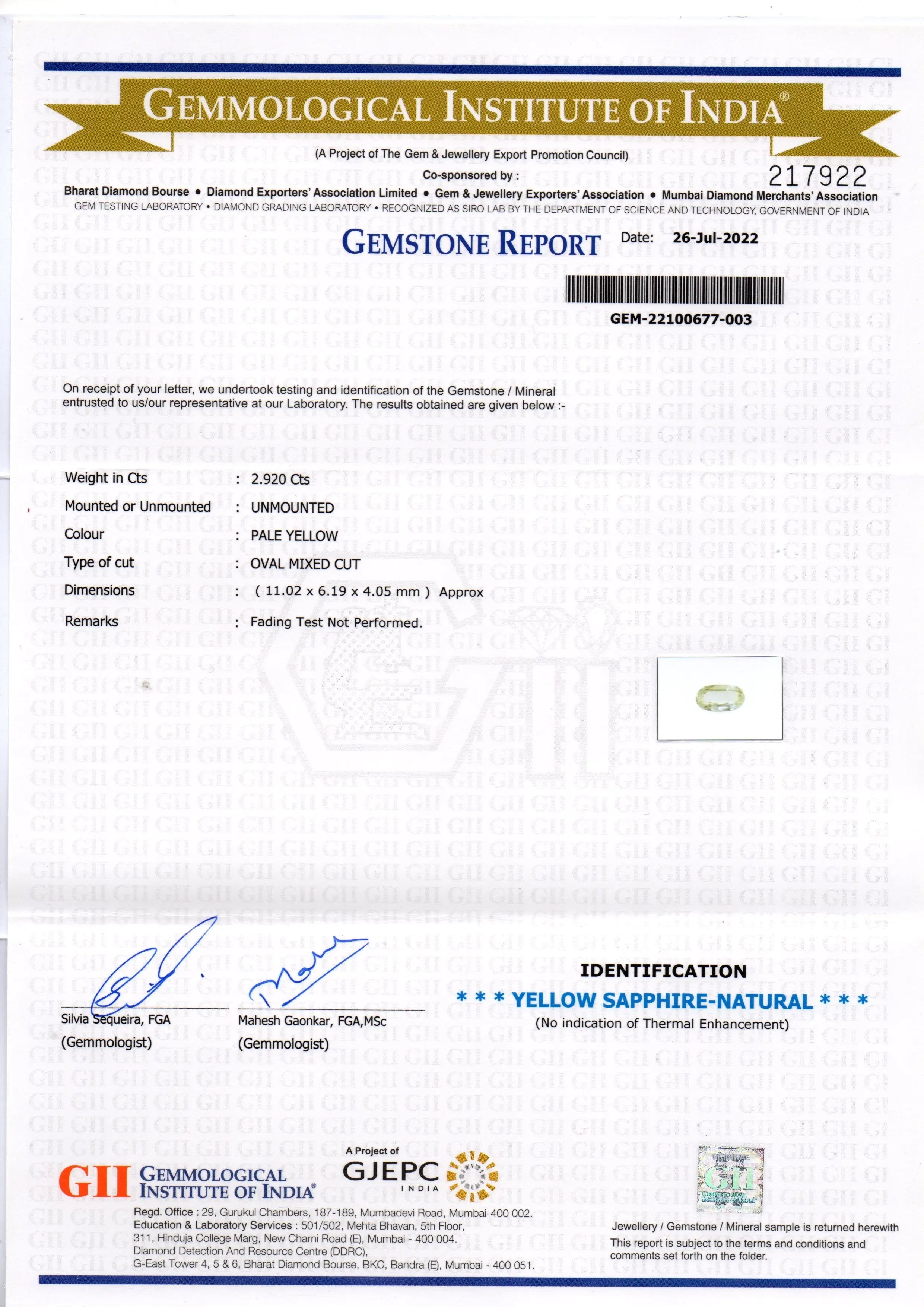 2.92 Ct GII Certified Unheated Untreated Natural Ceylon Yellow Sapphire
