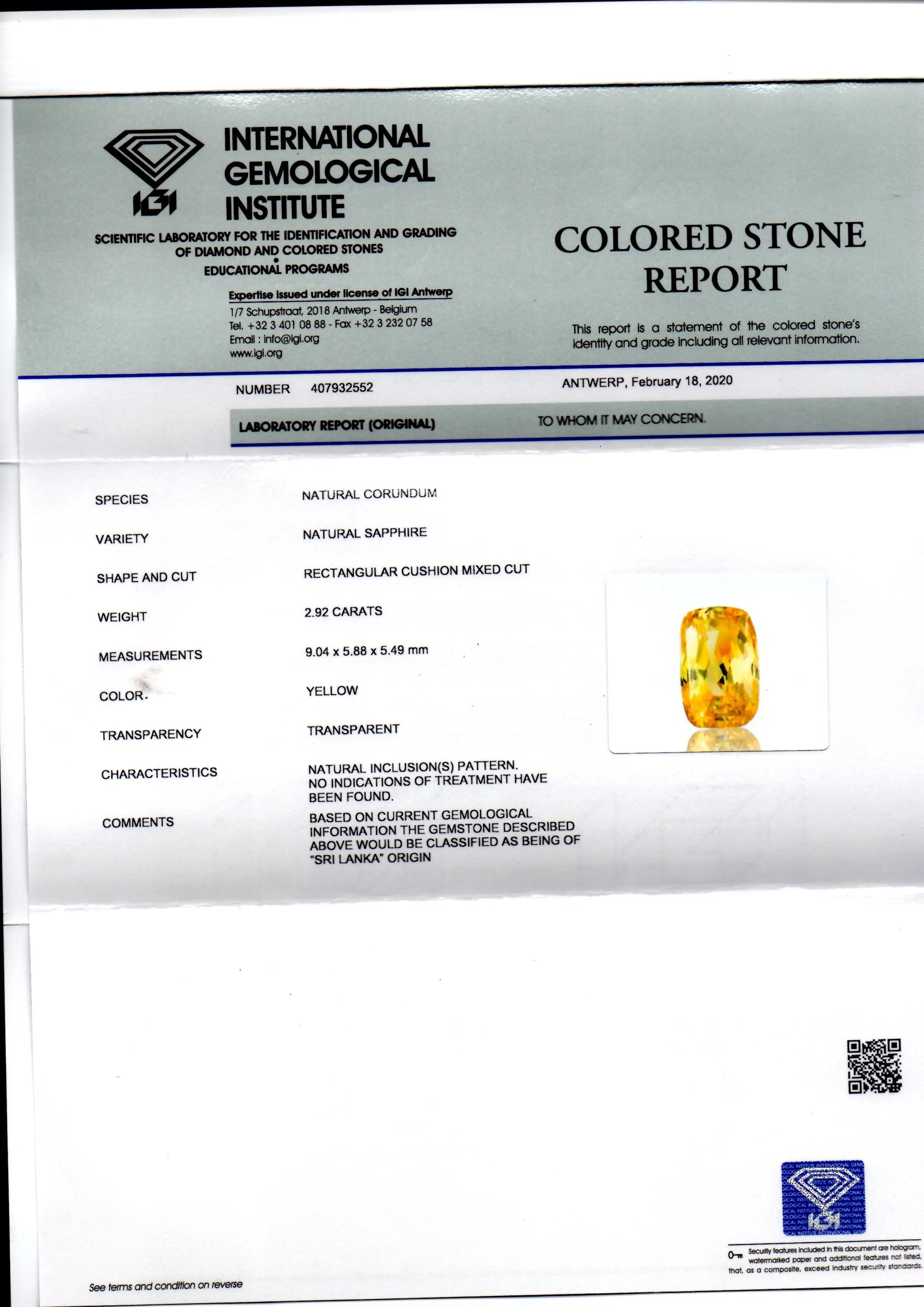 2.92 Ct IGI Certified Unheated Untreated Natural Ceylon Yellow Sapphire