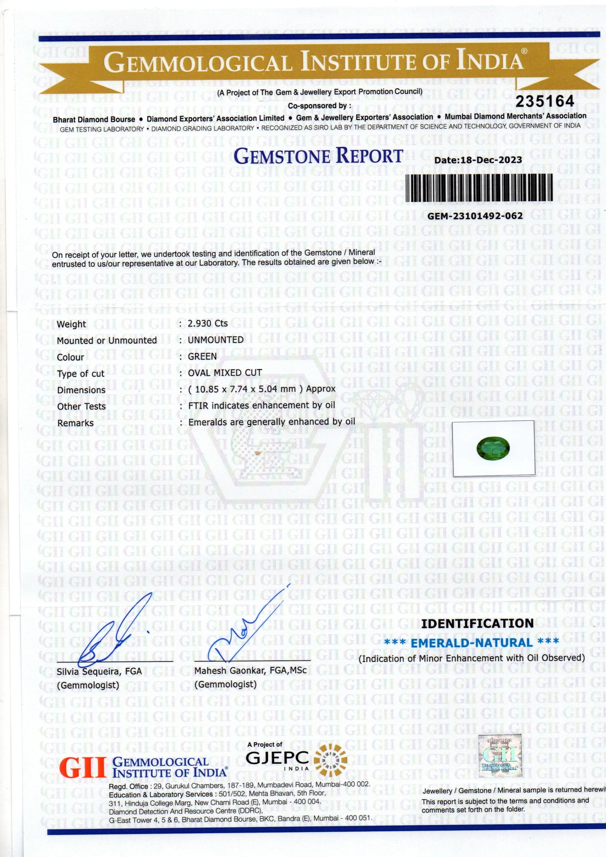 2.93 Ct GII Certified Untreated Natural Zambian Emerald Panna AAA - Venus Gems