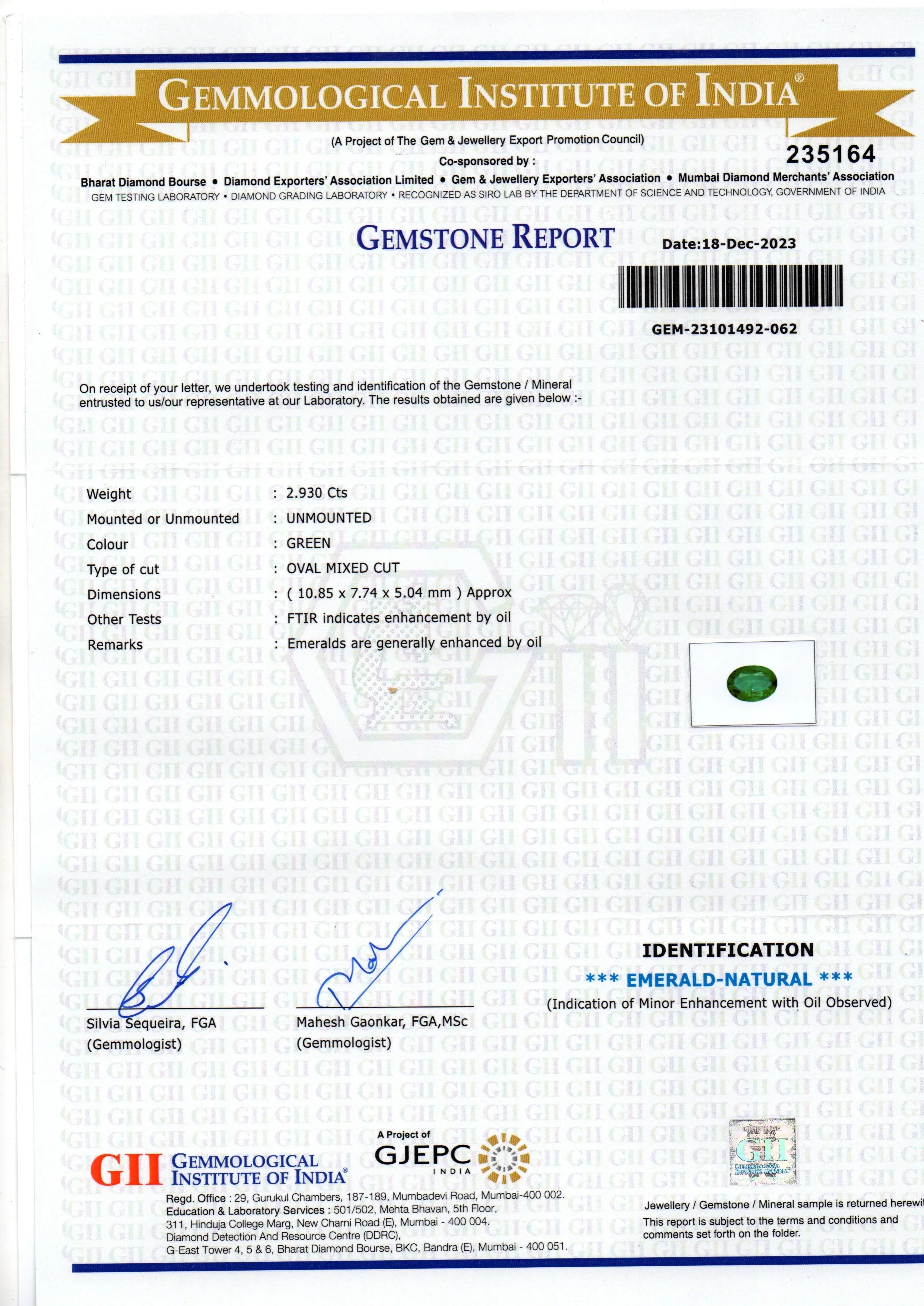2.93 Ct GII Certified Untreated Natural Zambian Emerald Panna AAA - Venus Gems