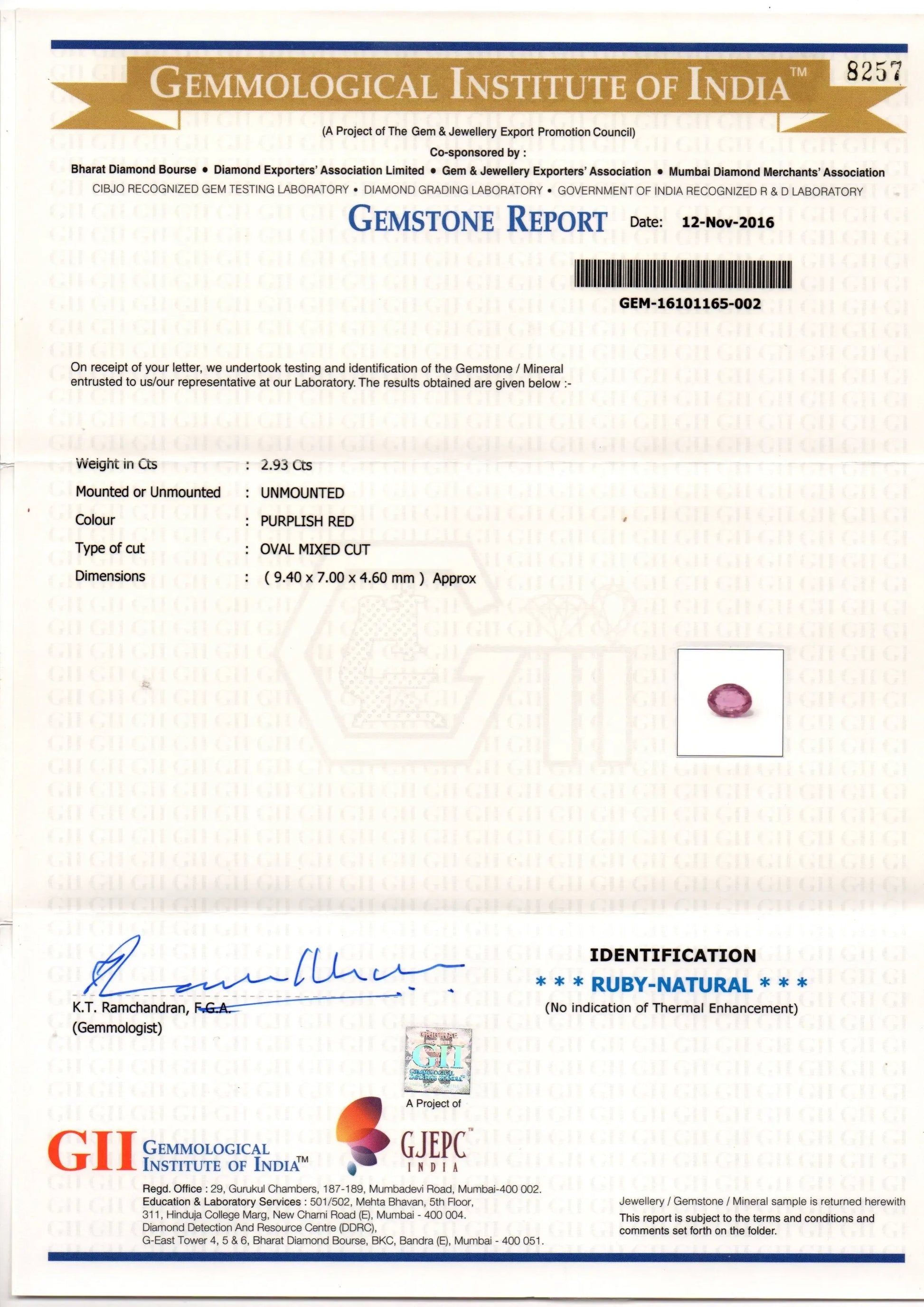 2.93 Ct GII Certified Unheated Untreted Natural Madagaskar Ruby AAA - Venus Gems
