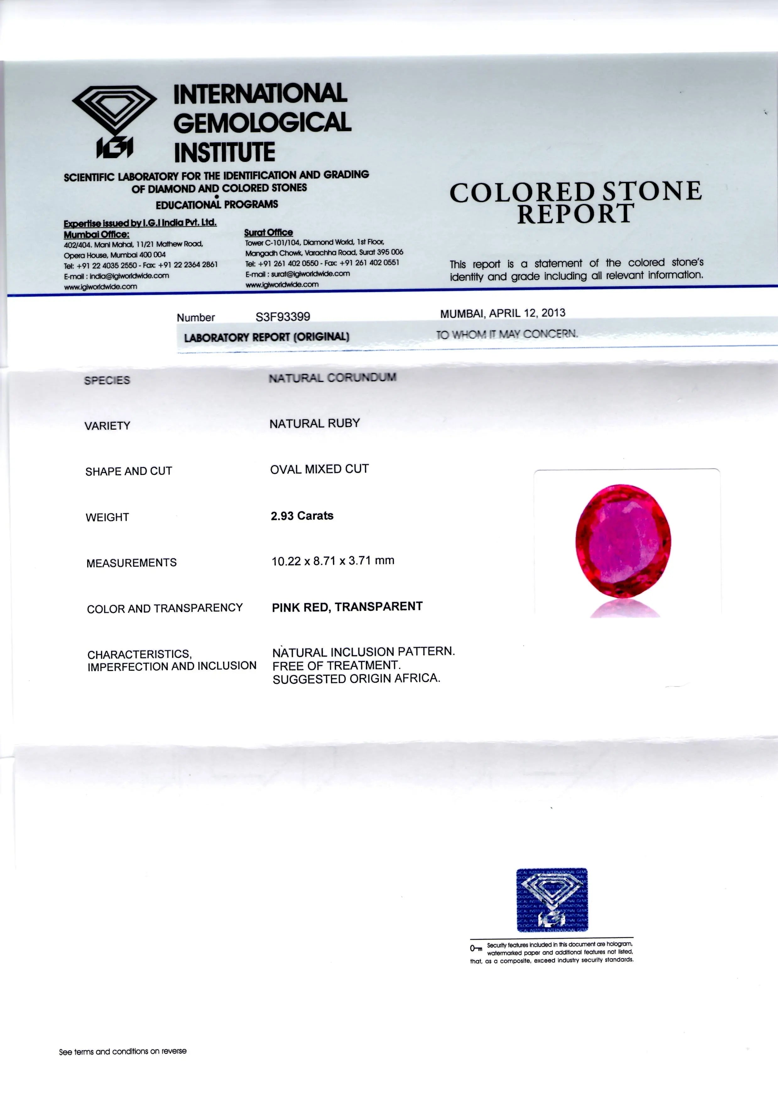 2.93 Ct IGI Certified Unheated Untreated Natural Madagaskar Ruby AA