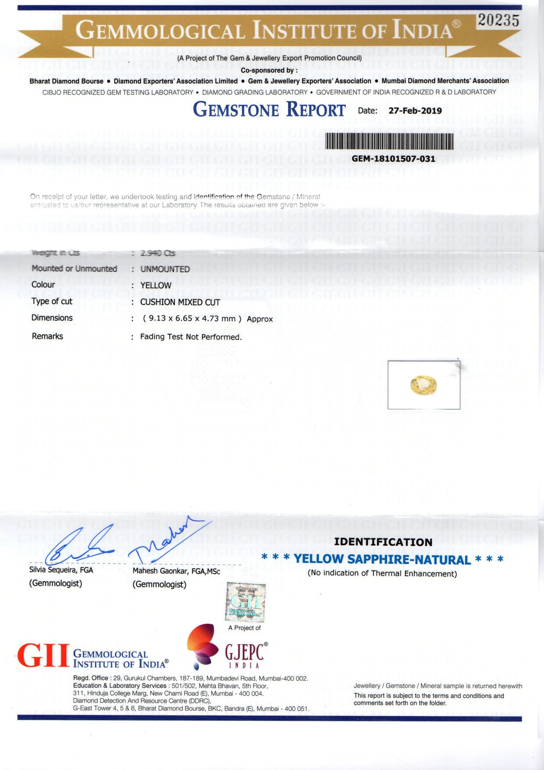 2.94 Ct GII Certified Unheated Untreated Natural Ceylon Yellow Sapphire