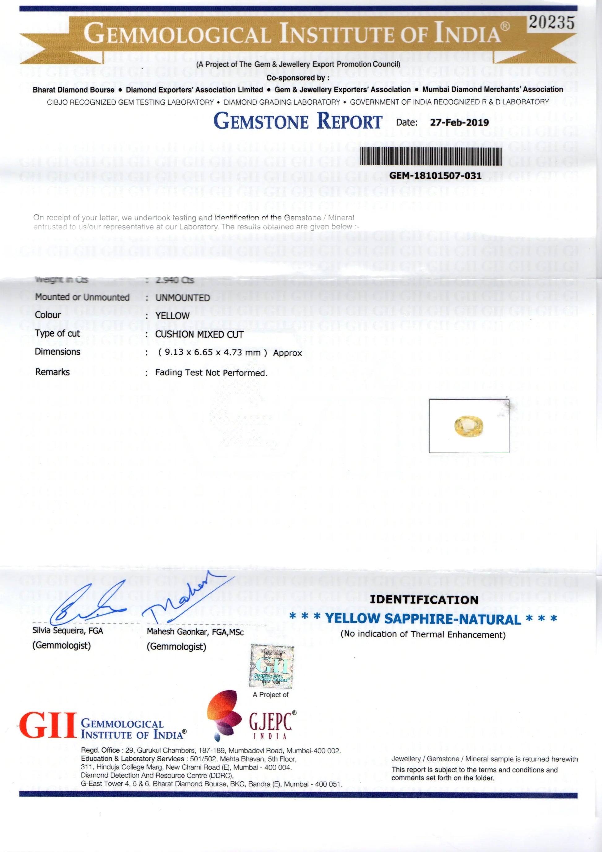 2.94 Ct GII Certified Unheated Untreated Natural Ceylon Yellow Sapphire