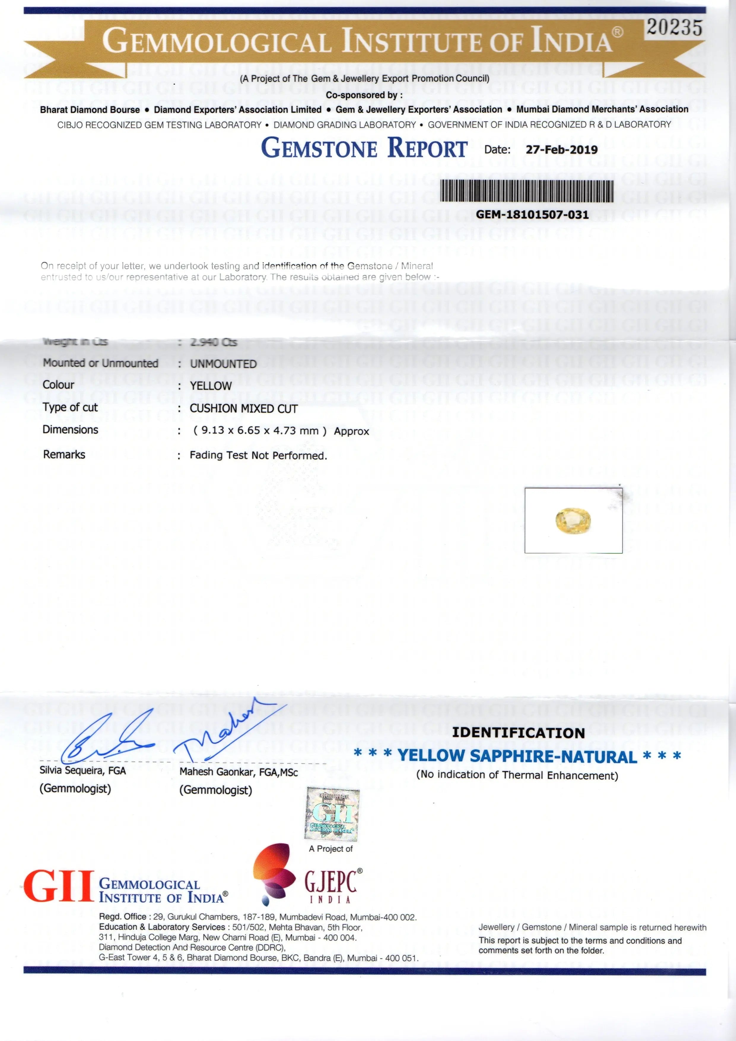 2.94 Ct GII Certified Unheated Untreated Natural Ceylon Yellow Sapphire