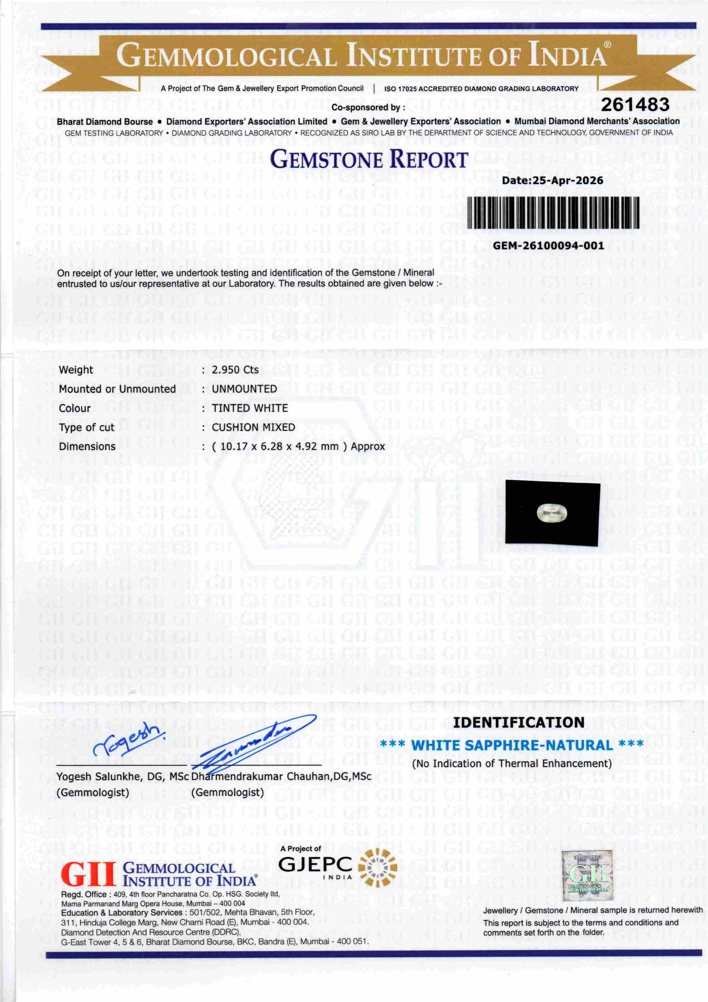 Gemstone report for 2.95 Ct Gii Certified Unheated Untreated Natural Ceylon White Sapphire, detailing specifications and cert