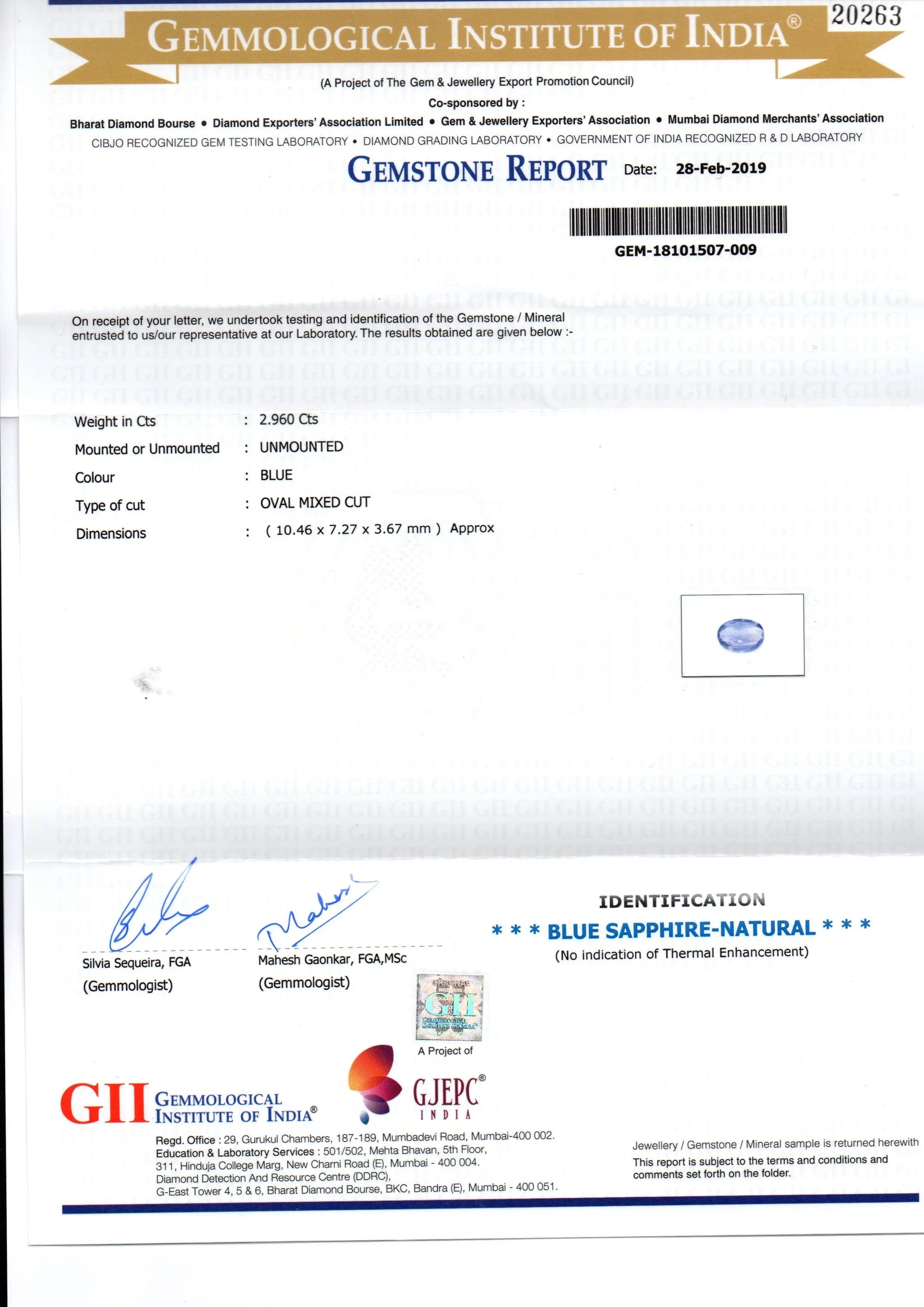 2.96 Ct GII Certified Unheated Untreated Natural Ceylon Blue Sapphire