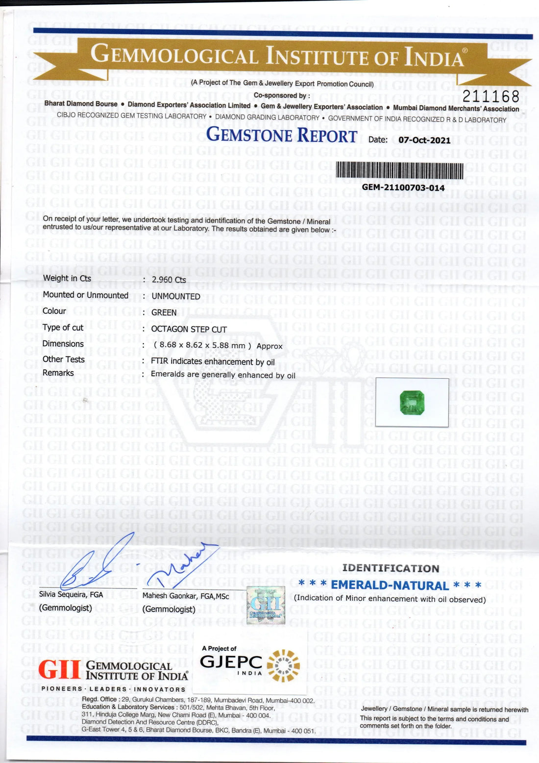 2.96 Ct GII Certified Untreated Natural Zambian Emerald Gemstones - Venus Gems