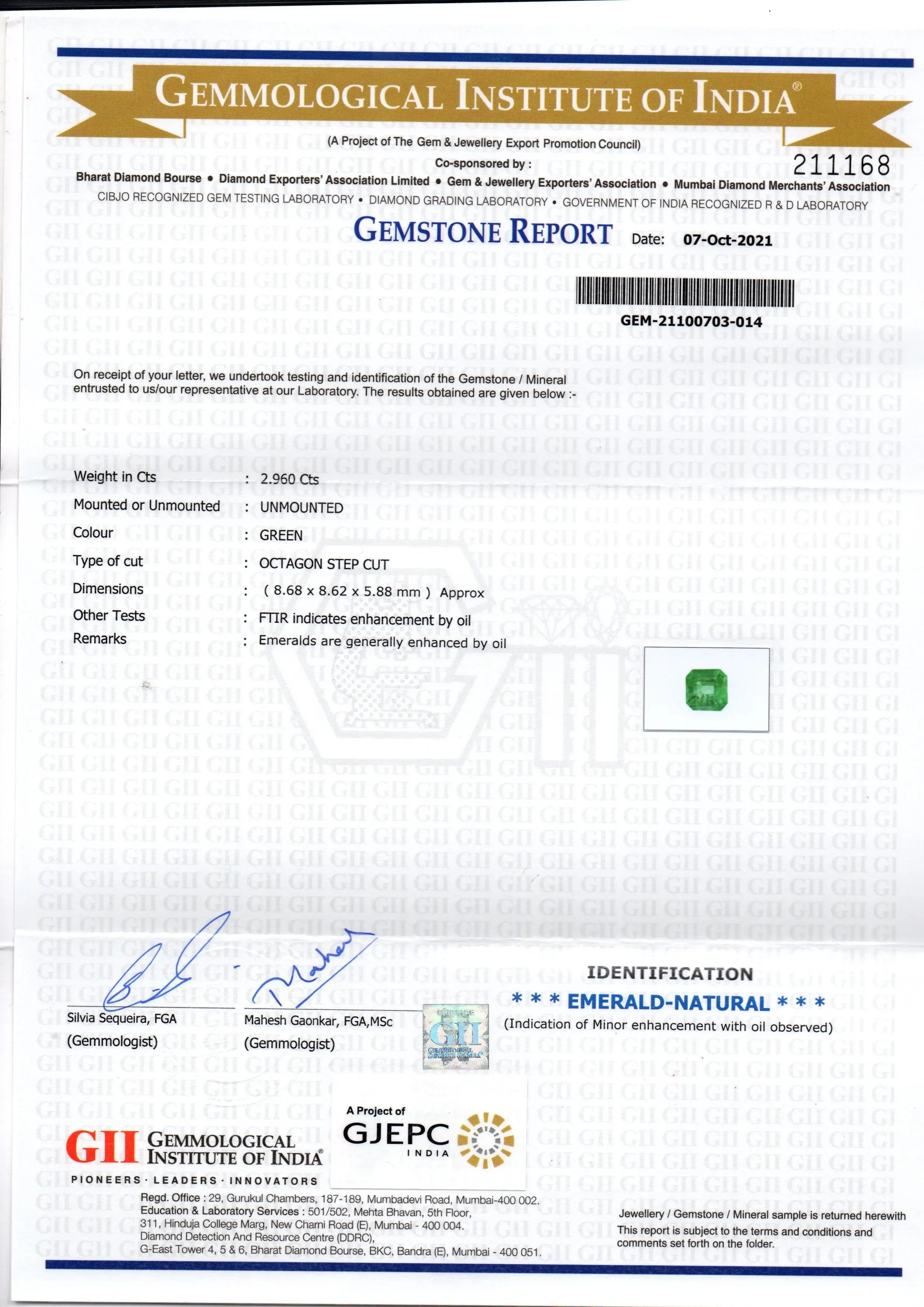 2.96 Ct GII Certified Untreated Natural Zambian Emerald Gemstones - Venus Gems