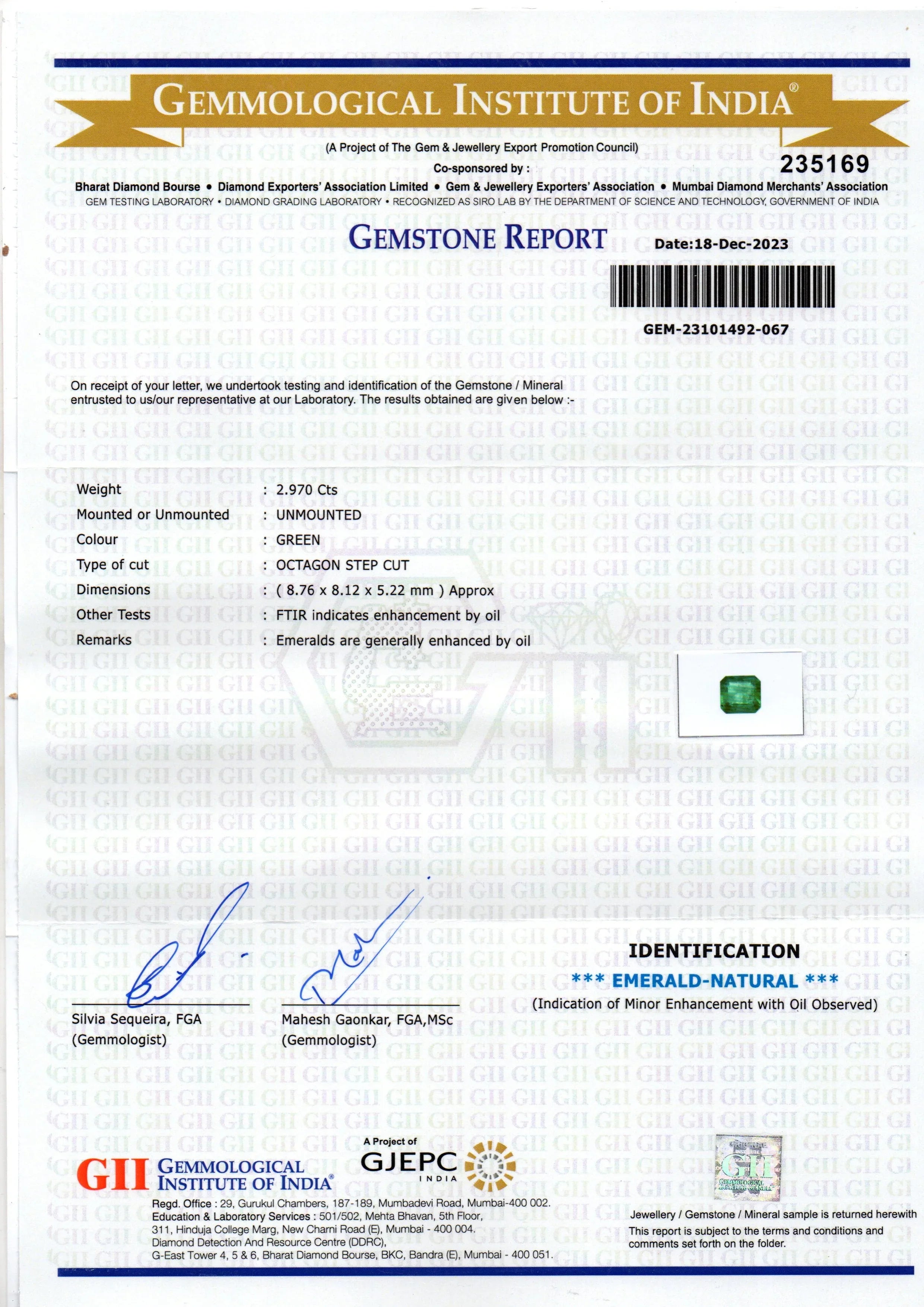 2.97 Ct GII Certified Untreated Natural Zambian Emerald Panna AAA - Venus Gems