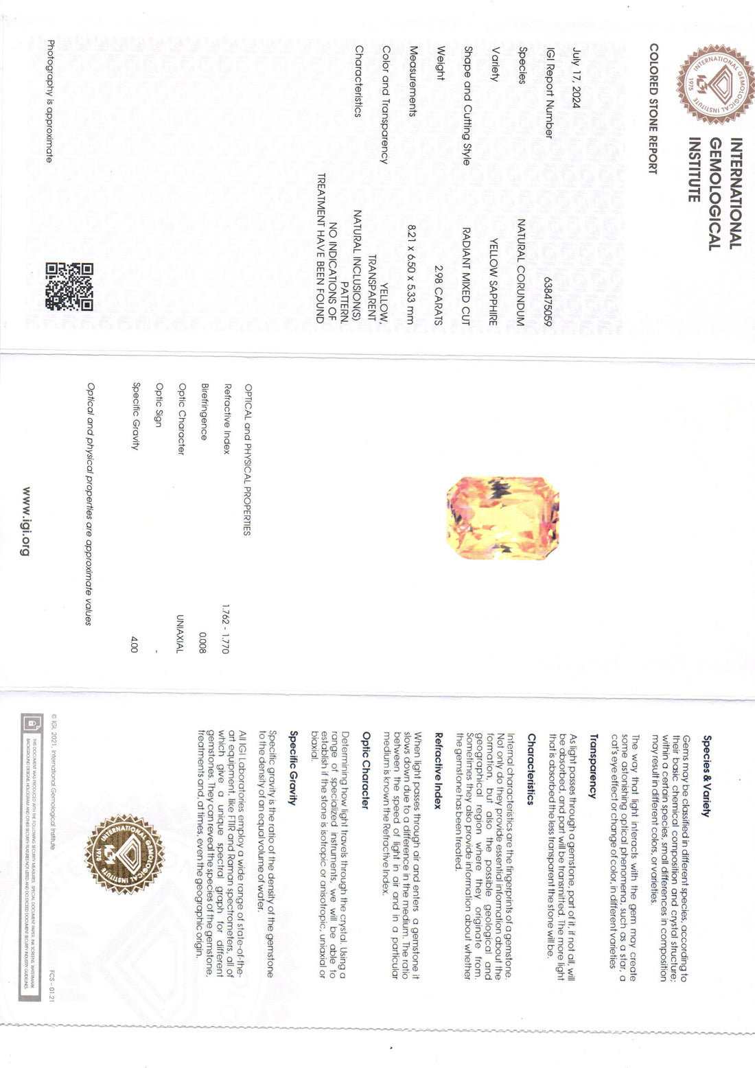 2.98 Ct IGI Certified Unheated Untreated Natural Ceylon Yellow Sapphire AAAAA