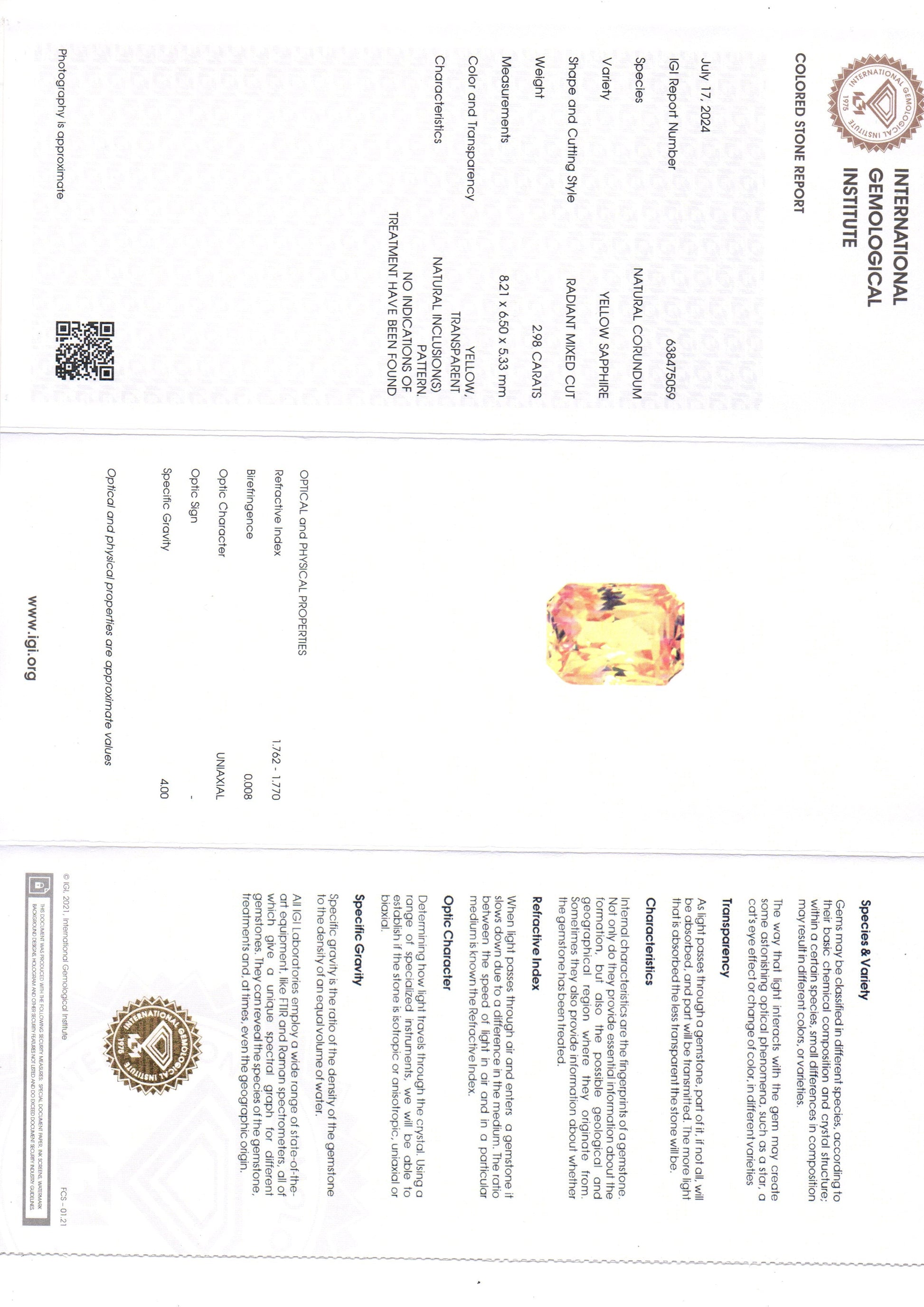 2.98 Ct IGI Certified Unheated Untreated Natural Ceylon Yellow Sapphire AAAAA