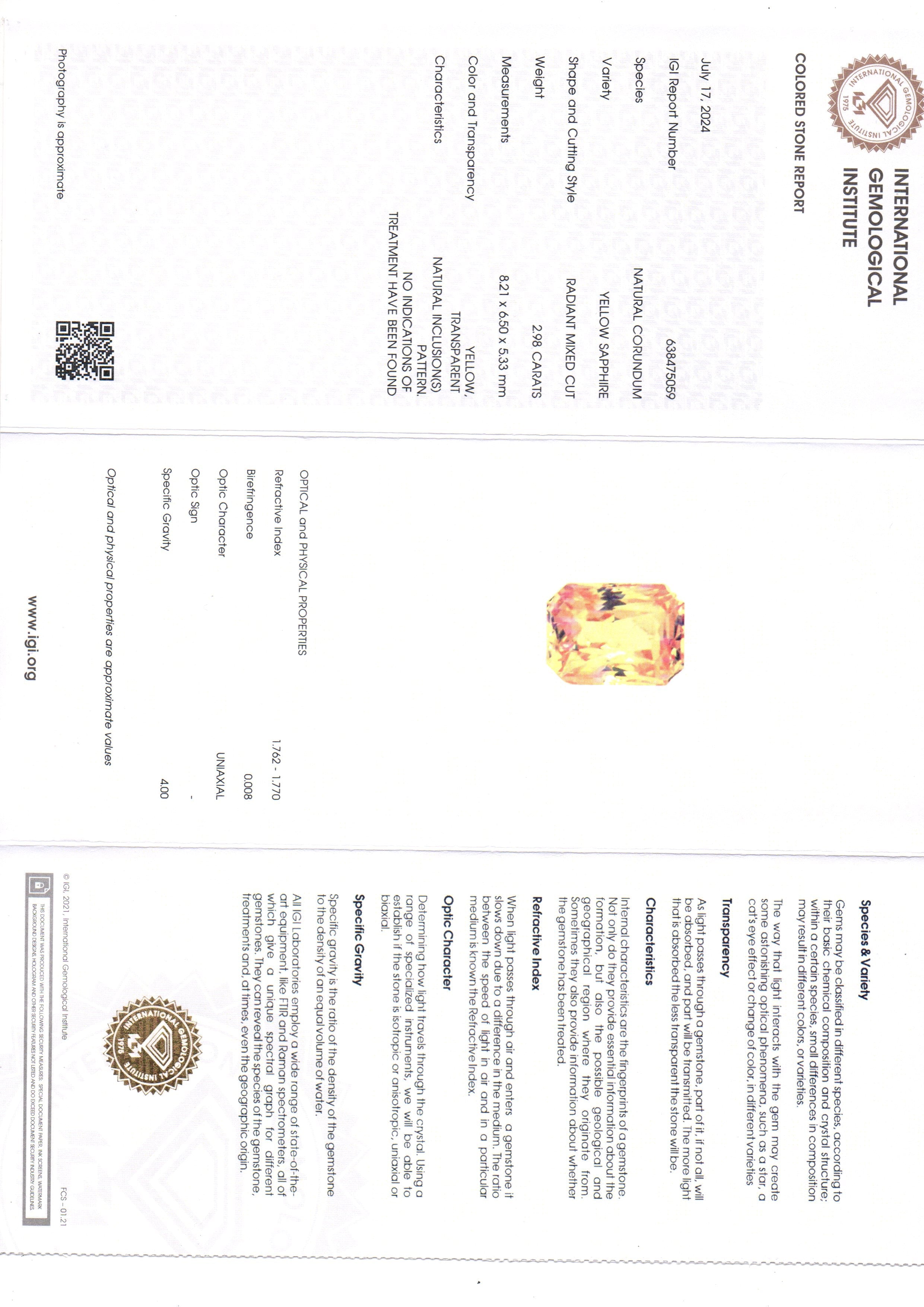 2.98 Ct IGI Certified Unheated Untreated Natural Ceylon Yellow Sapphire AAAAA