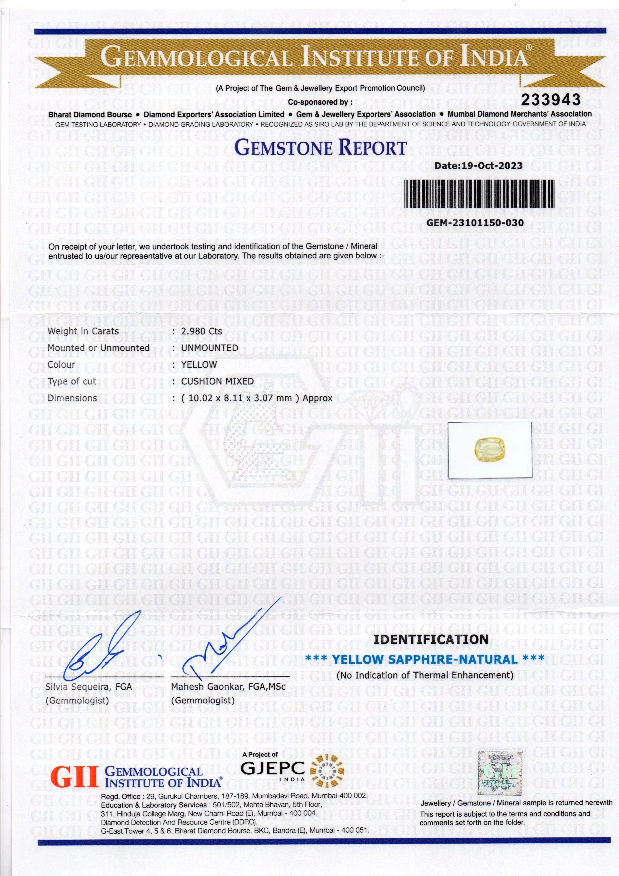 2.98 Ct Certified Unheated Untreated Natural Ceylon Yellow Sapphire - Venus Gems