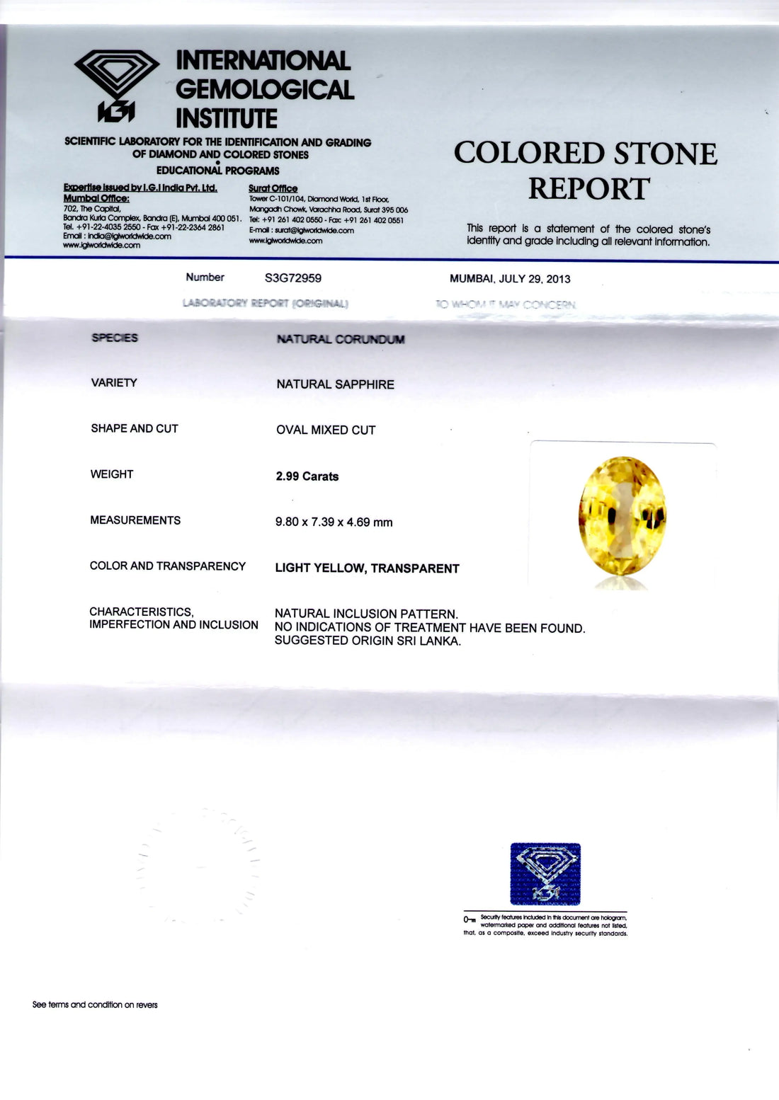 2.99 Ct Unheated Untreated Natural Ceylon Yellow Sapphire AAA