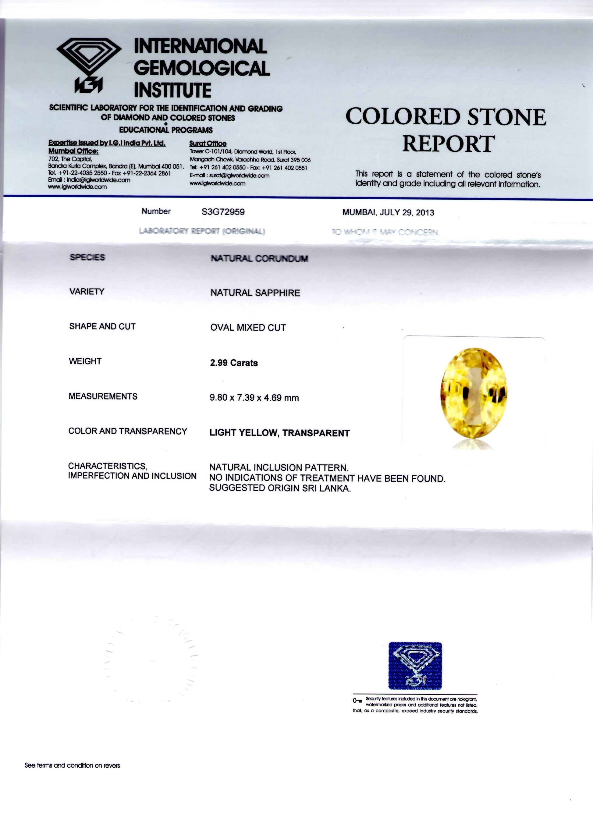2.99 Ct Unheated Untreated Natural Ceylon Yellow Sapphire AAA