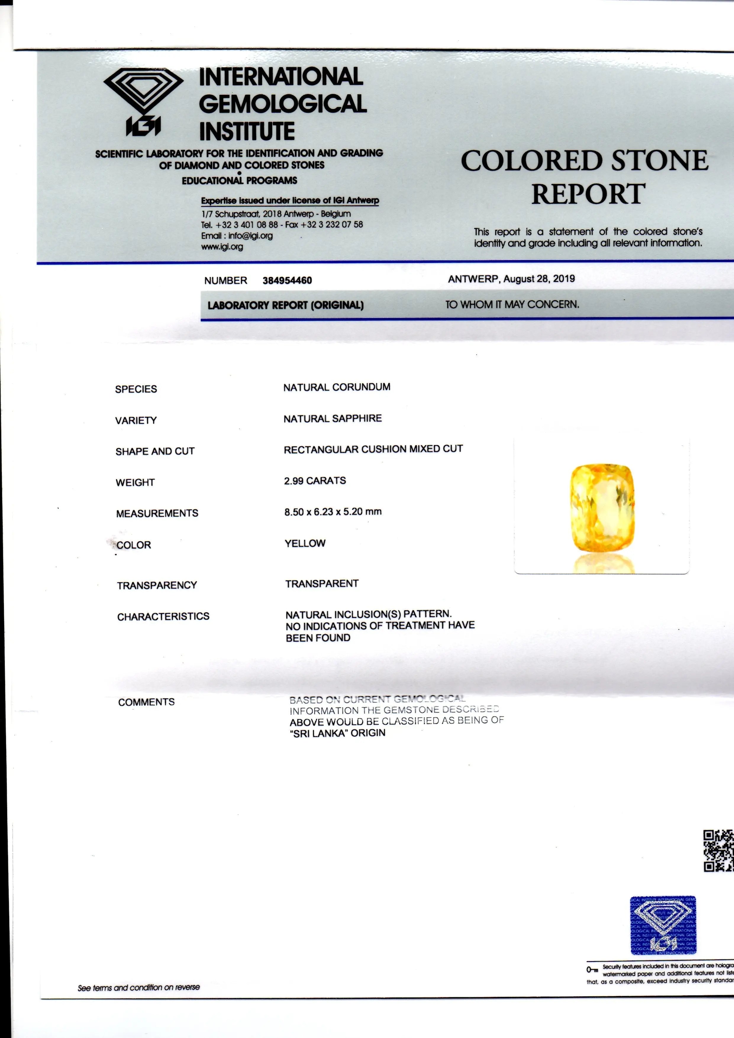 2.99 Ct IGI Certified Unheated Untreated Natural Ceylon Yellow Sapphire