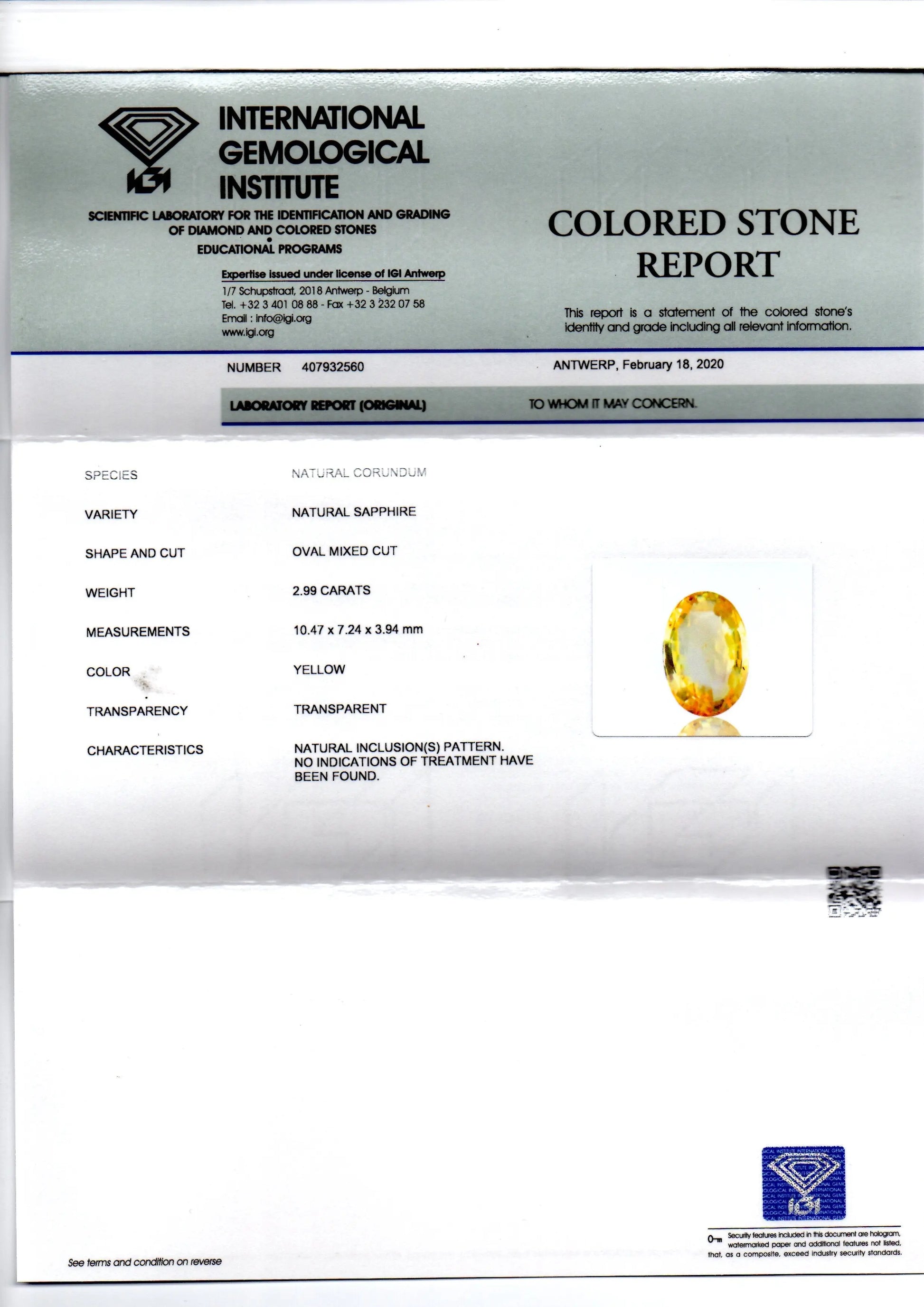 2.99 Ct IGI Certified Unheated Untreated Natural Ceylon Yellow Sapphire