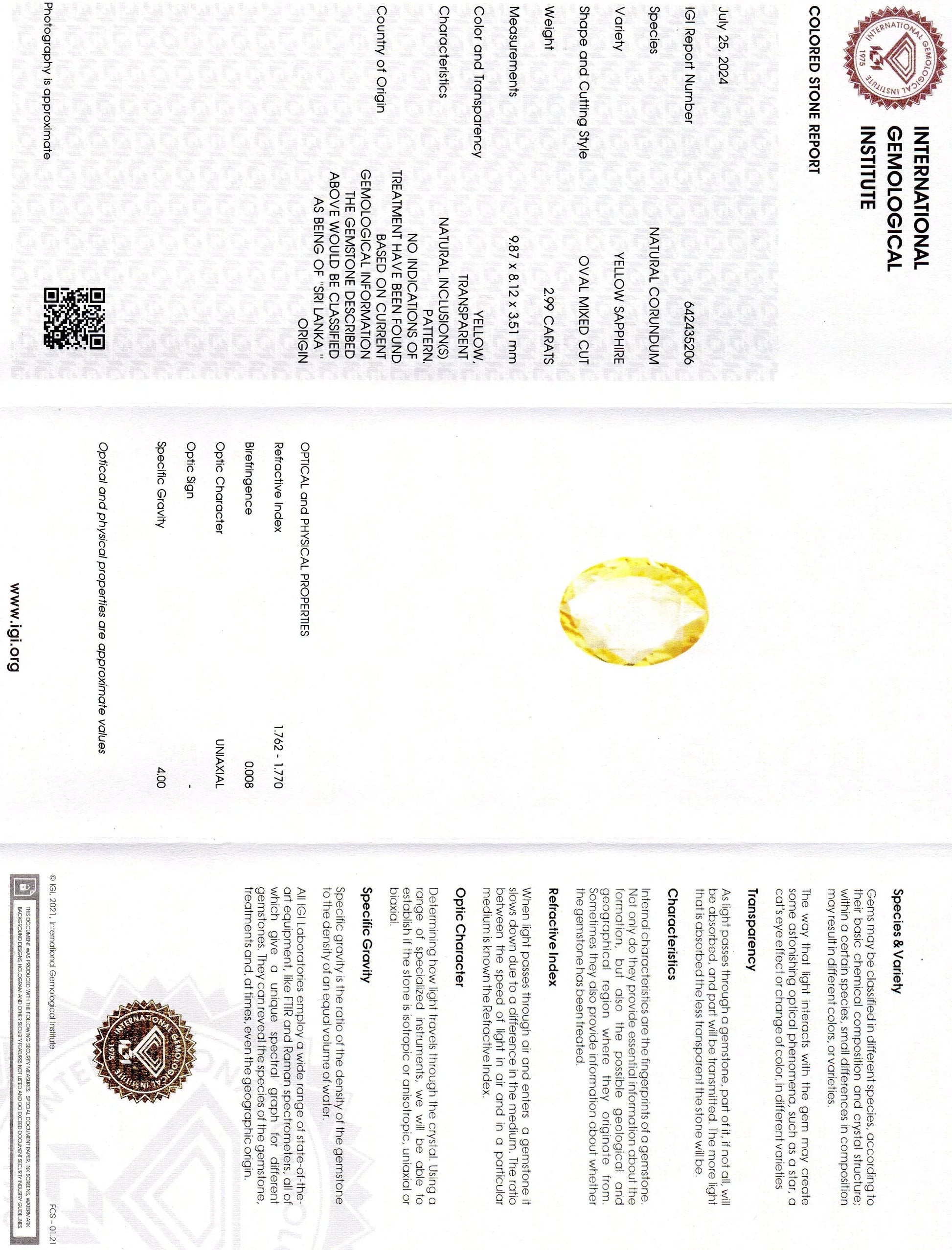 2.99 Ct IGI Certified Unheated Untreated Natural Ceylon Yellow Sapphire - Venus Gems