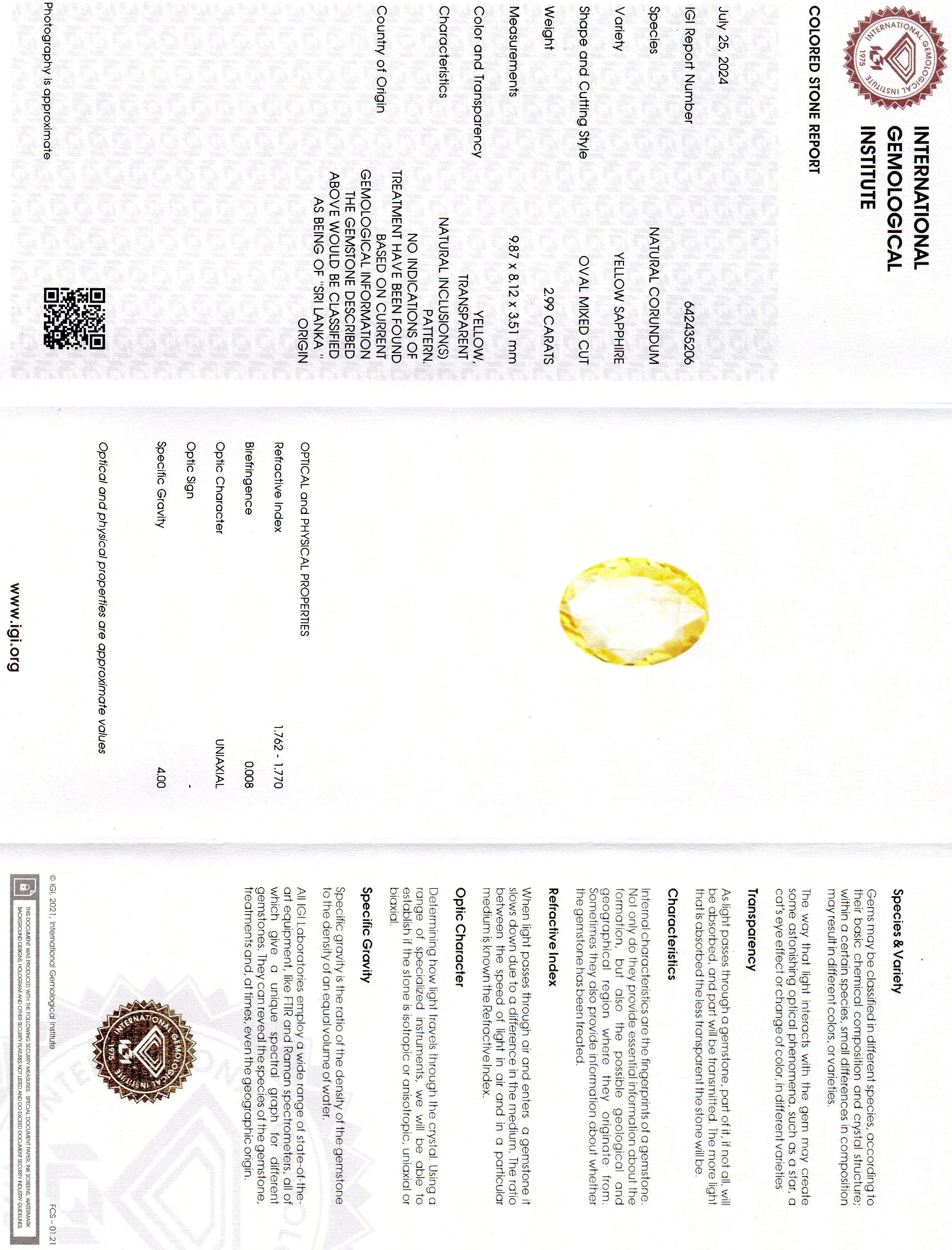 2.99 Ct IGI Certified Unheated Untreated Natural Ceylon Yellow Sapphire - Venus Gems