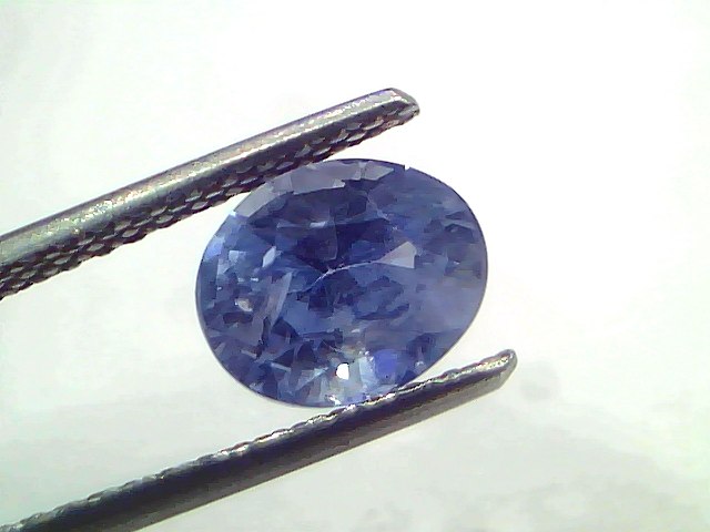 Oval-shaped 2.99 carat unheated natural Ceylon blue sapphire held with tweezers, showcasing its vibrant blue color and clarit