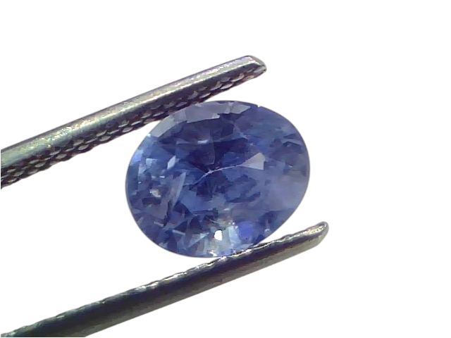 Oval-shaped 2.99 carat unheated natural Ceylon blue sapphire held with tweezers, showcasing its vibrant blue color and clarit