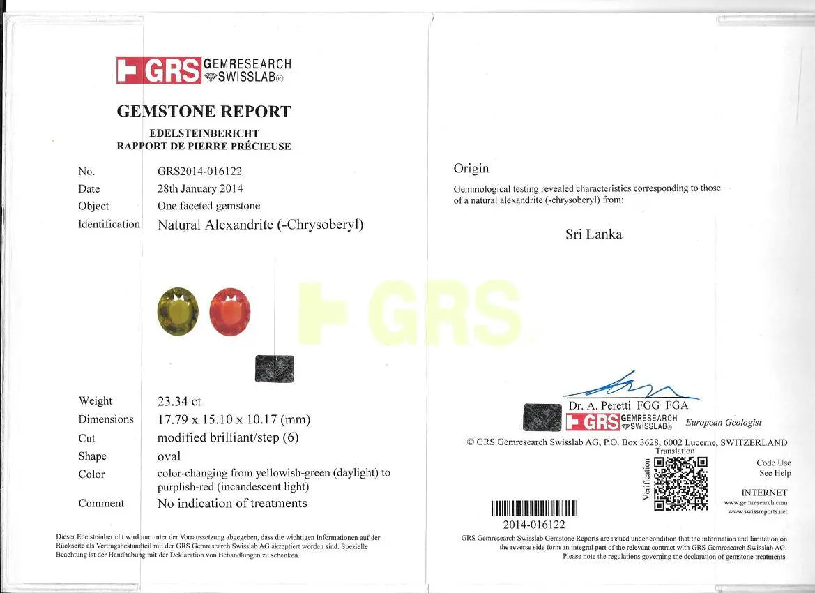 Huge 23.34 Ct Untreated Natural GRS Certified 80% Colour Changing Alexandrite