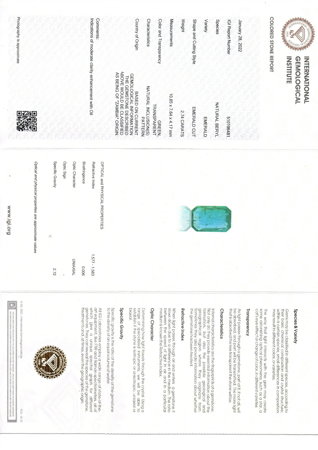 2.74 Ct IGI Certified Untreated Natural Zambian Emerald Gemstone - Venus Gems