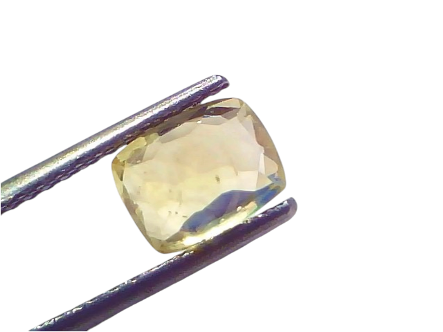 2.08 Ct Certified Unheated Natural Ceylon Yellow Sapphire Pukhraj, held with tweezers, showcasing its vibrant yellow hue and