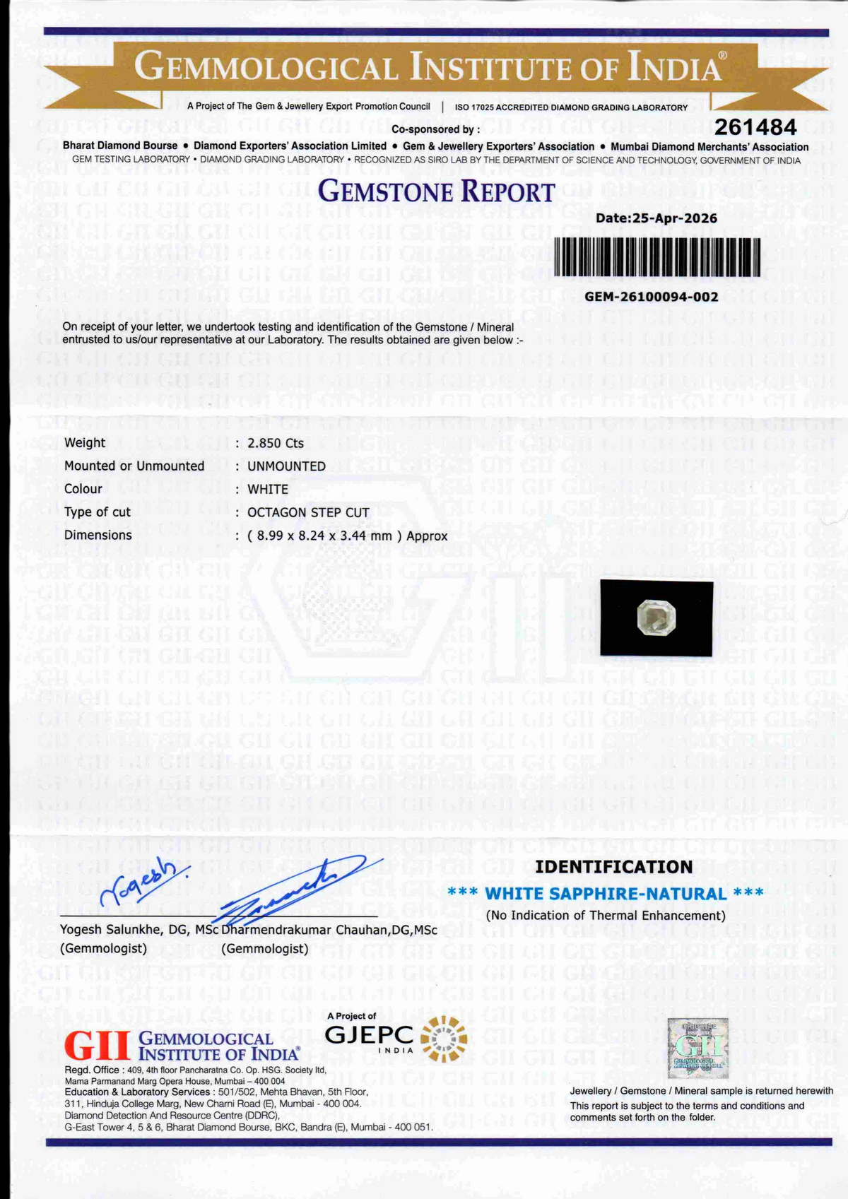 Gemstone report for 2.85 Ct GII Certified Unheated Untreated Natural Ceylon White Sapphire, detailing specifications and cert