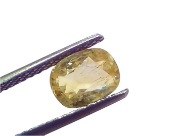2.06 Ct Certified Unheated Natural Ceylon Yellow Sapphire Pukhraj held by tweezers, showcasing its vibrant yellow hue and cla